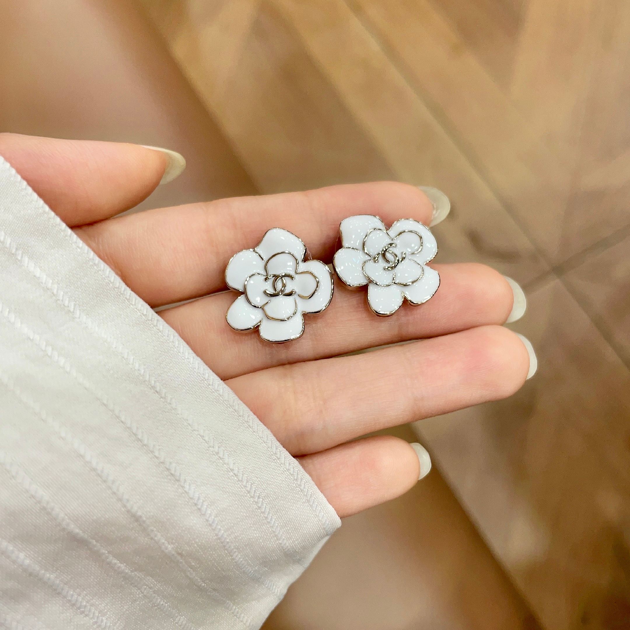CC Camellia Double C White Gold Earrings