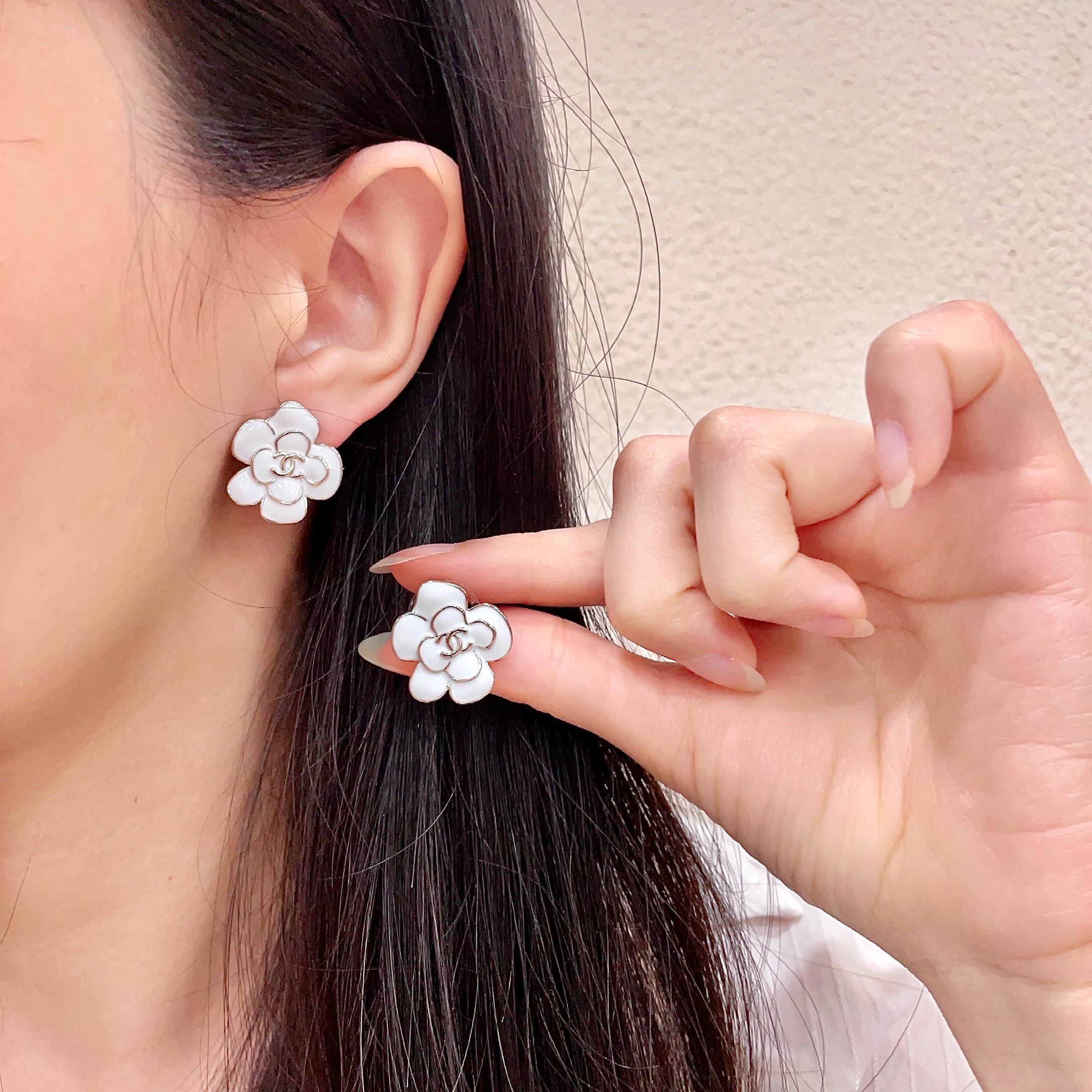CC Camellia Double C White Gold Earrings