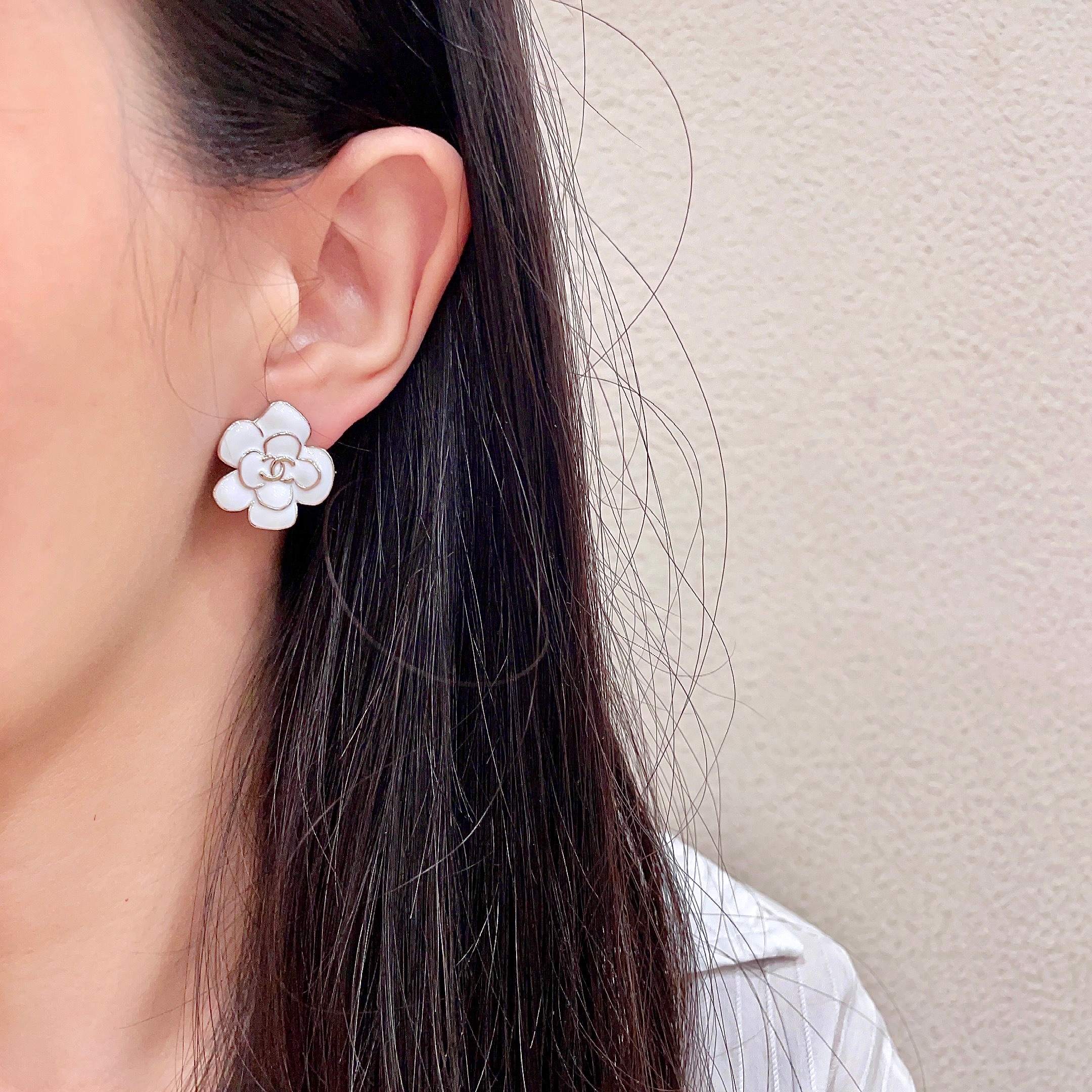CC Camellia Double C White Gold Earrings