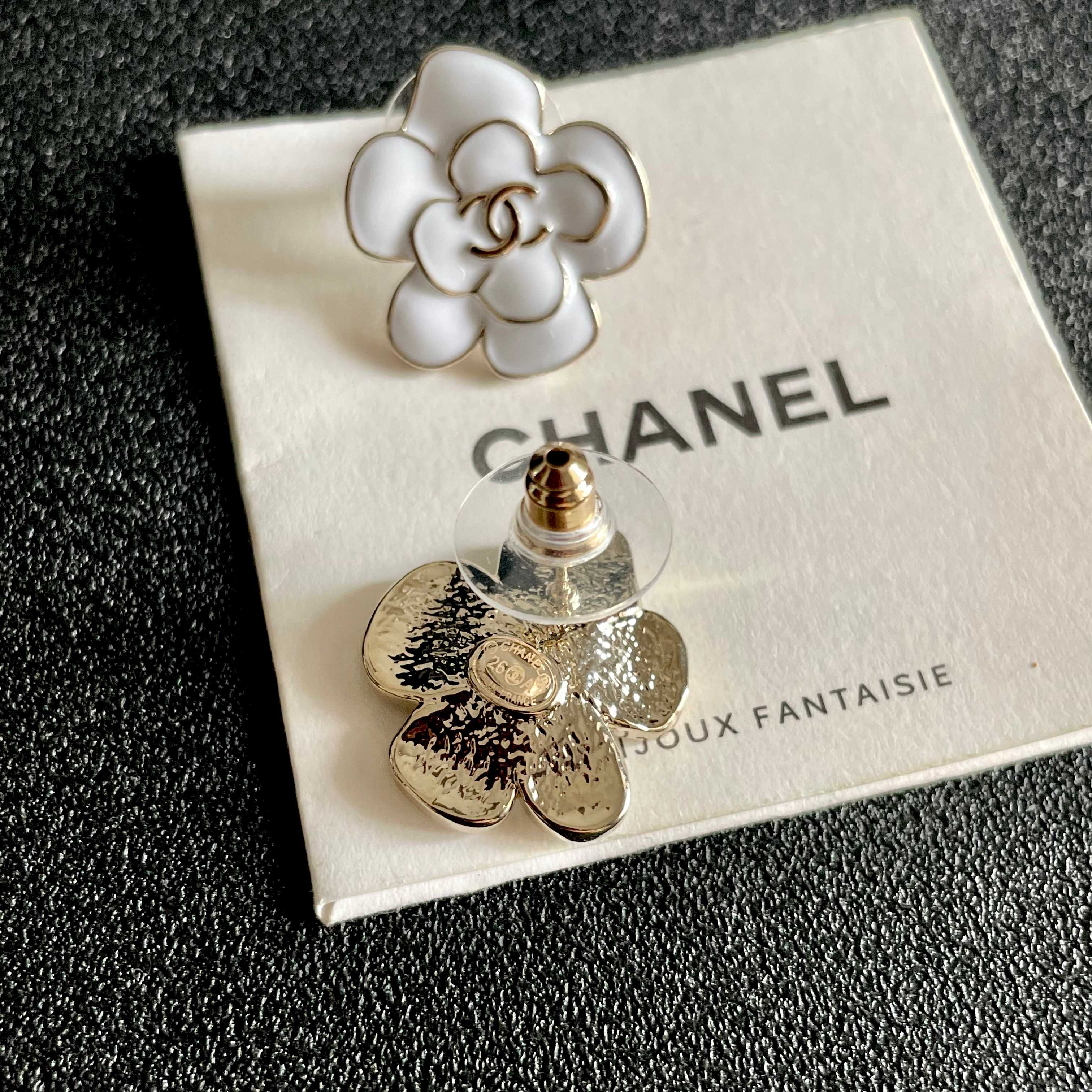 CC Camellia Double C White Gold Earrings
