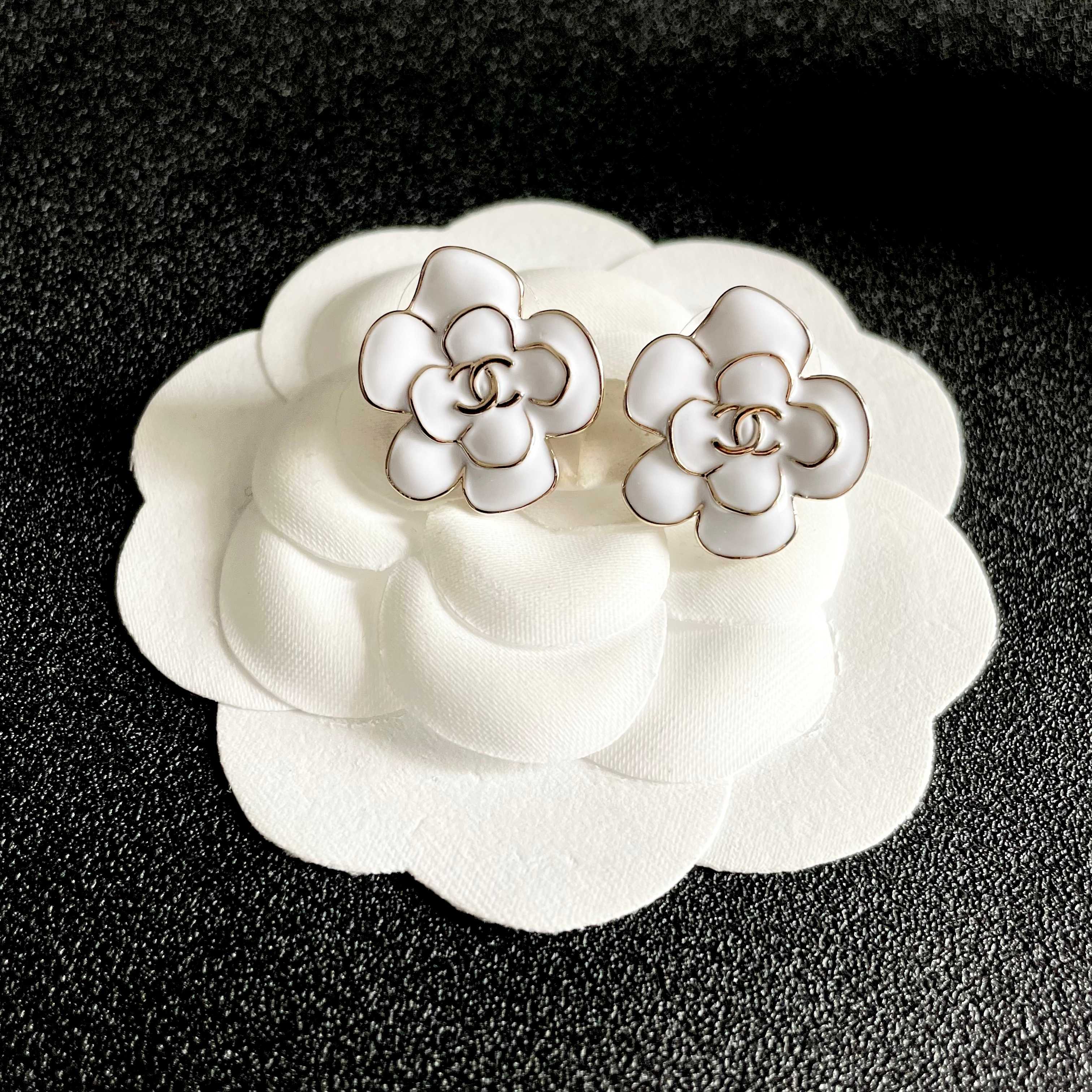 CC Camellia Double C White Gold Earrings