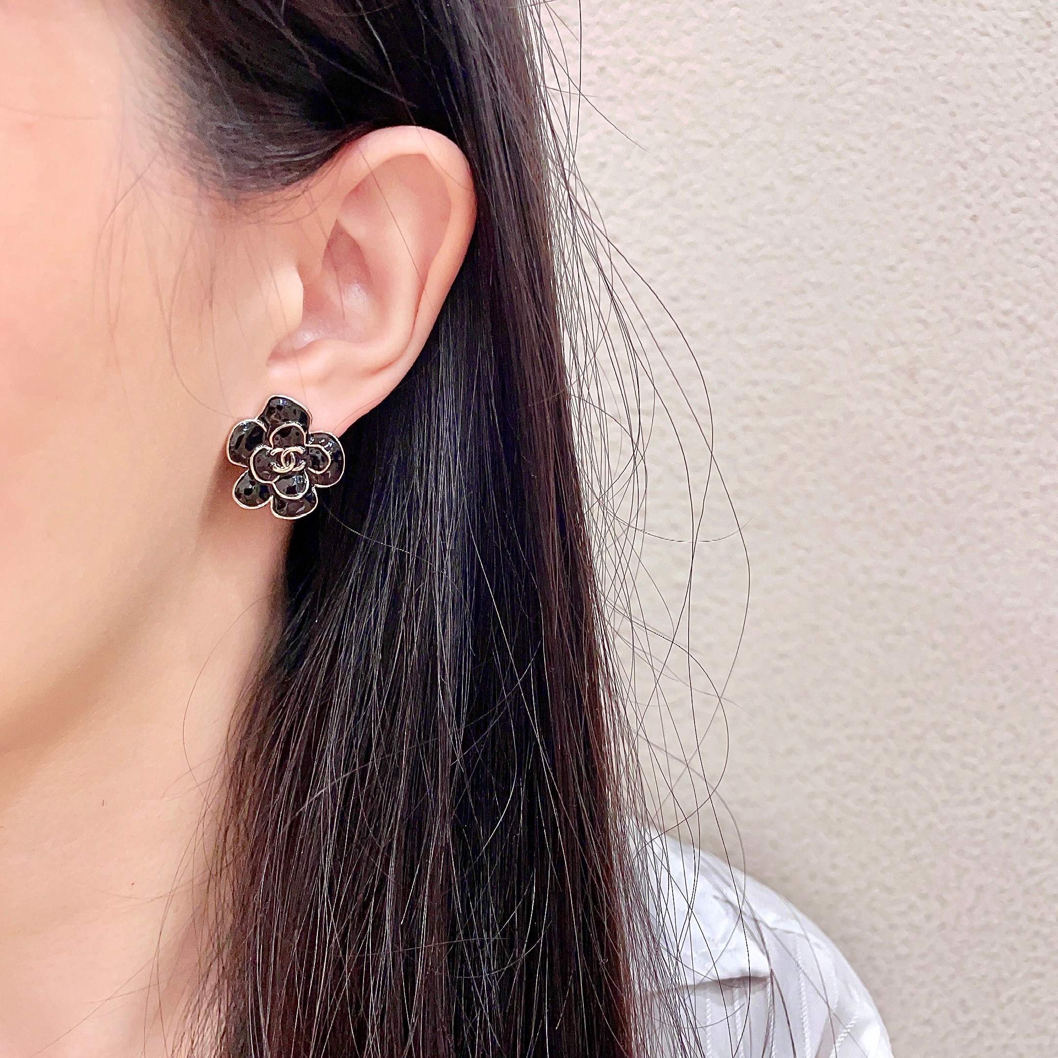 CC Camellia Double C Black Gold Earrings