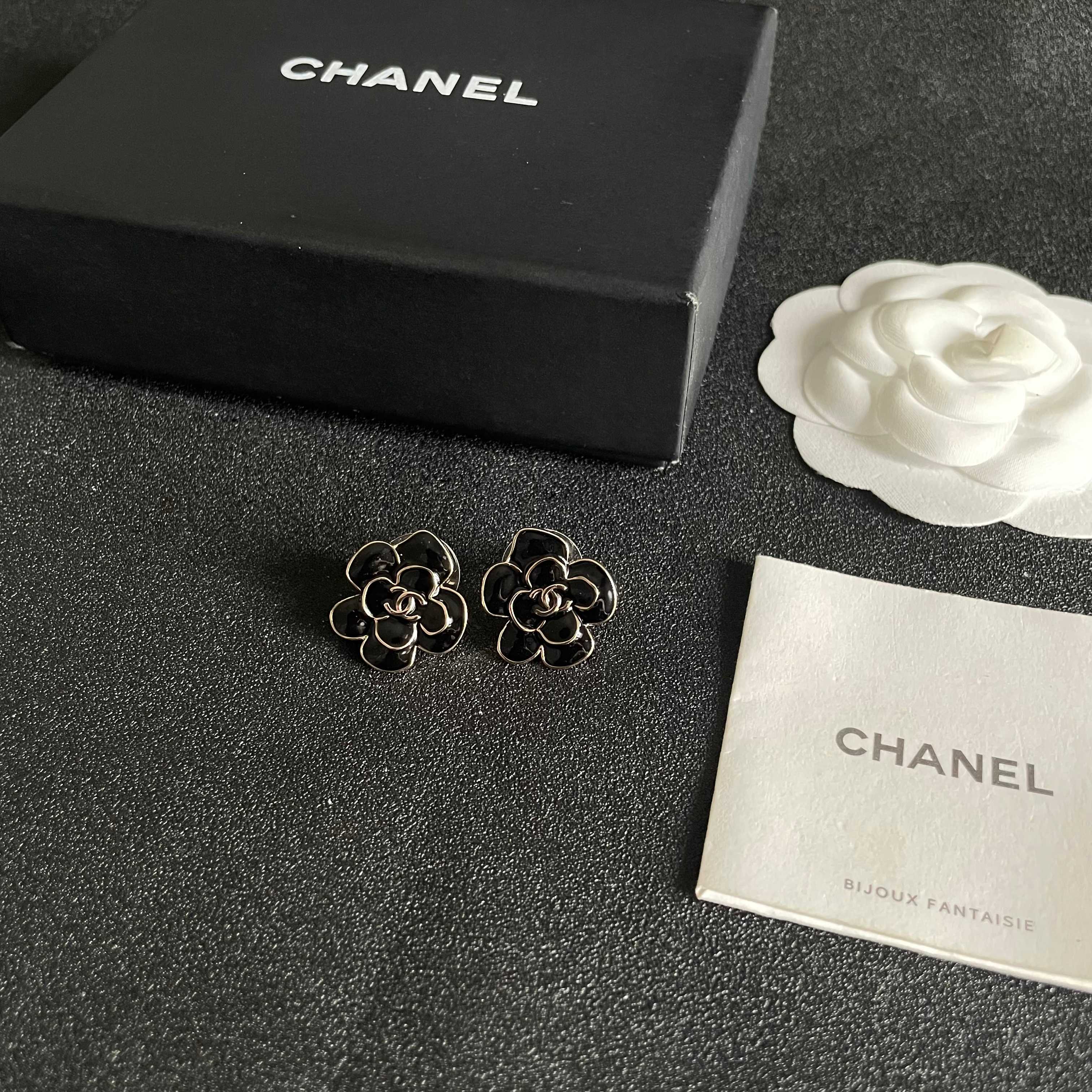 CC Camellia Double C Black Gold Earrings