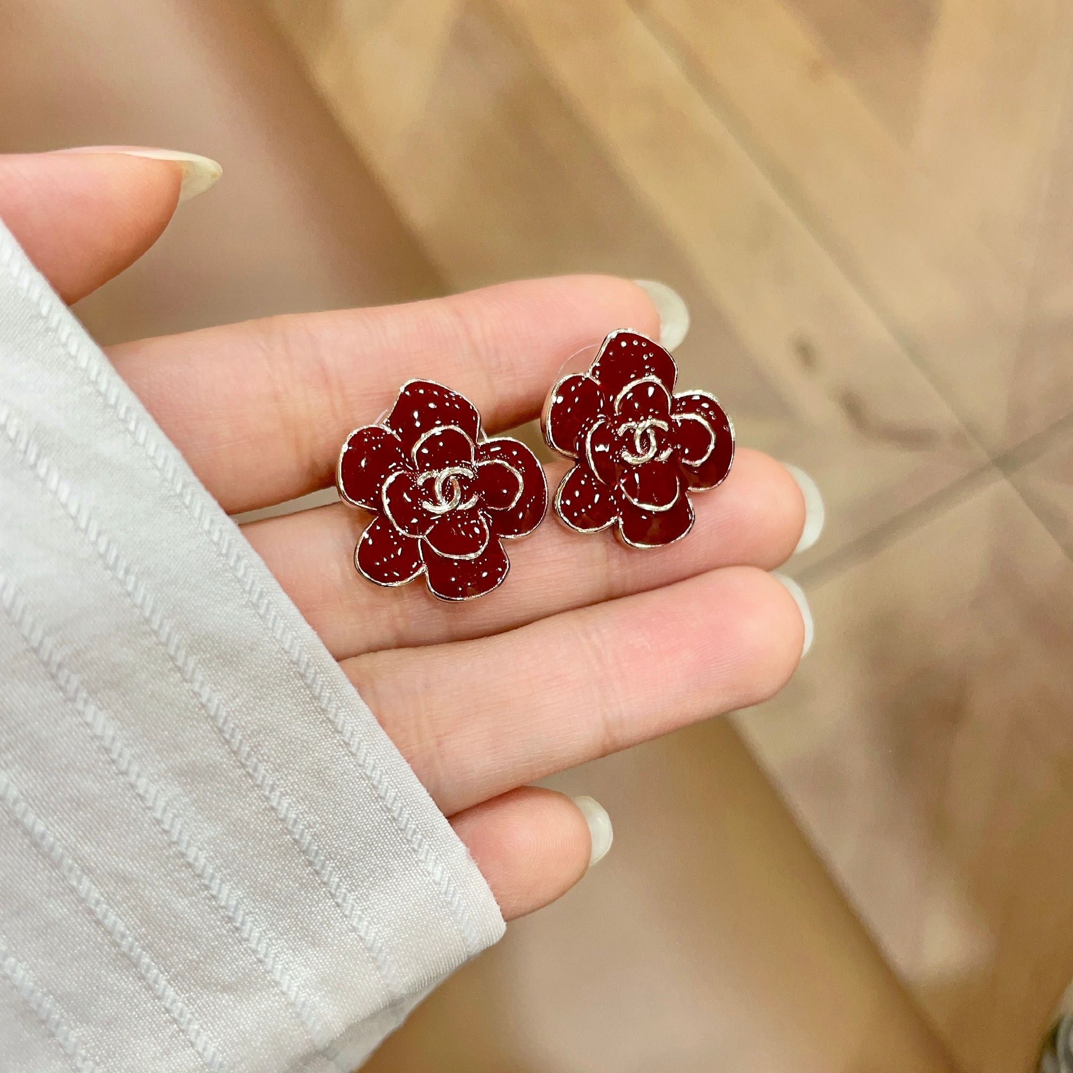 CC Camellia Double C Red Gold Earrings