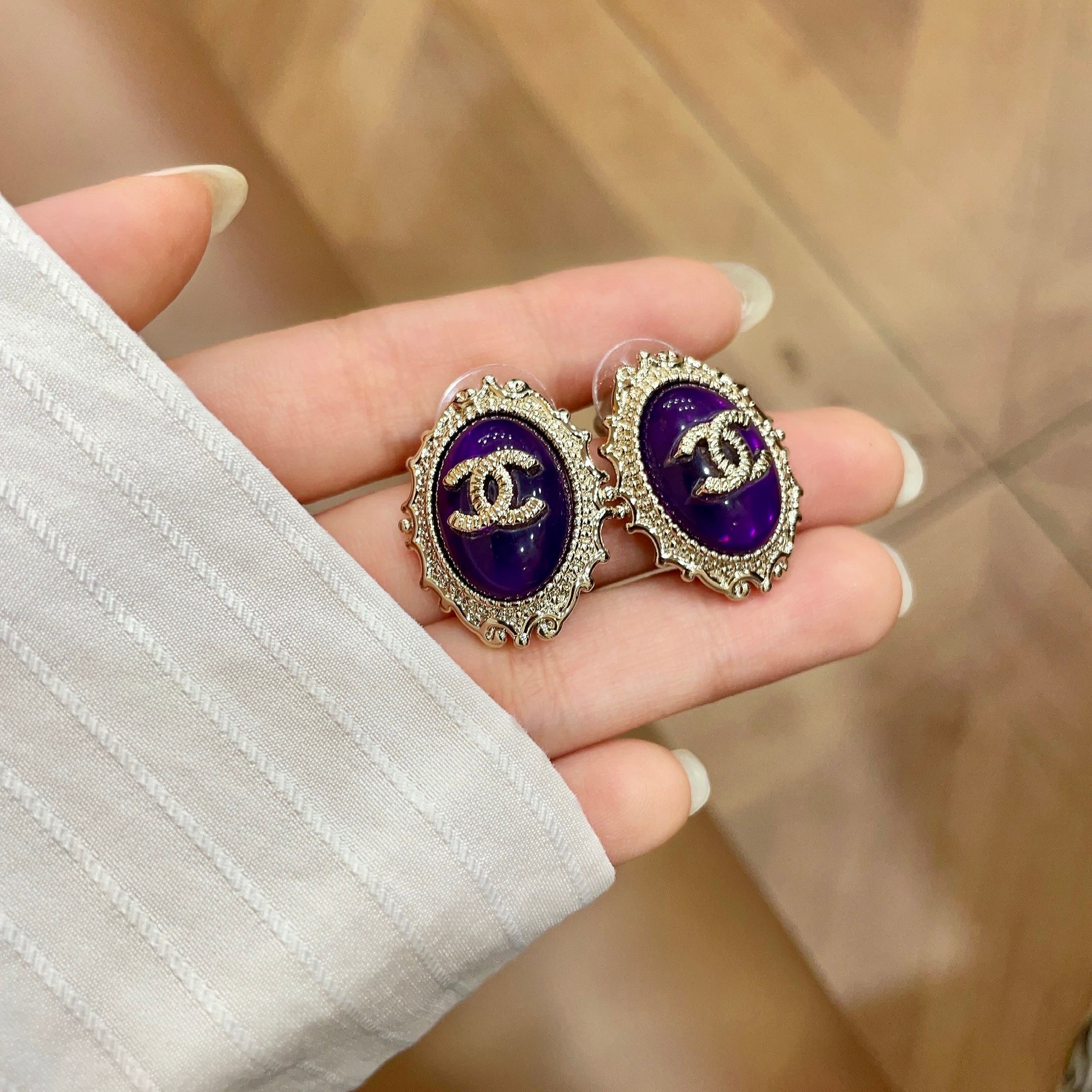 CC Double C Purple Pearl Gold Earrings