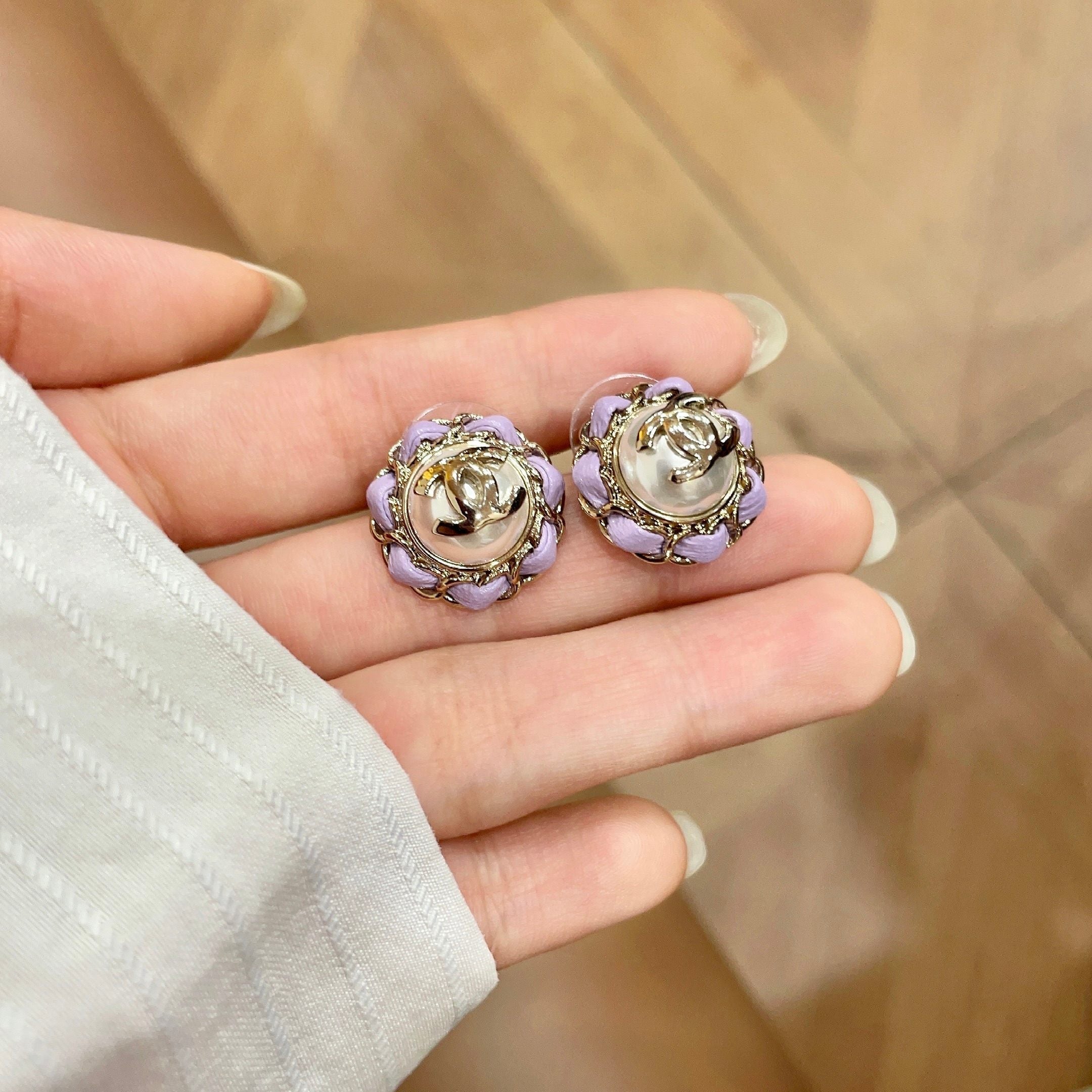 CC Pendant Double C Purple Pearl Gold Earrings