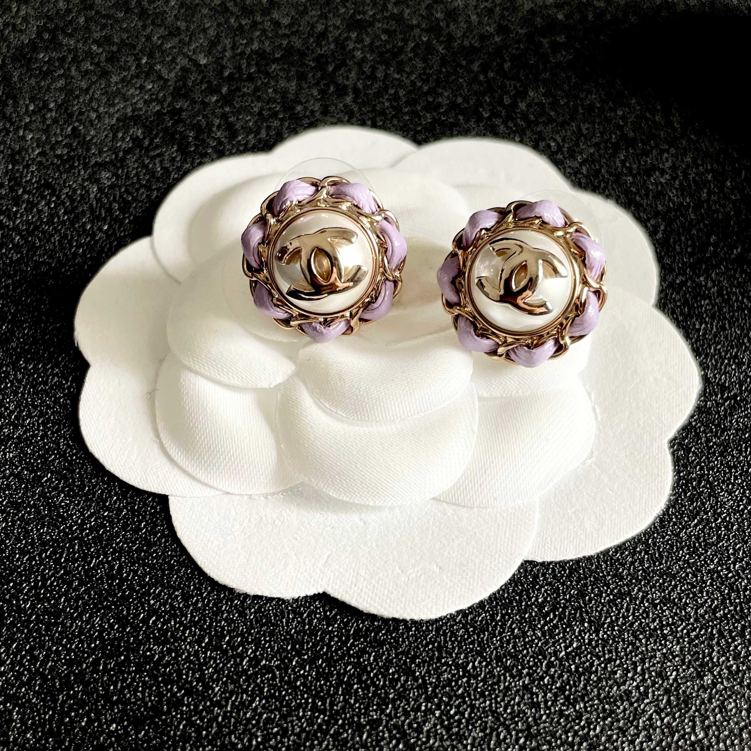 CC Pendant Double C Purple Pearl Gold Earrings