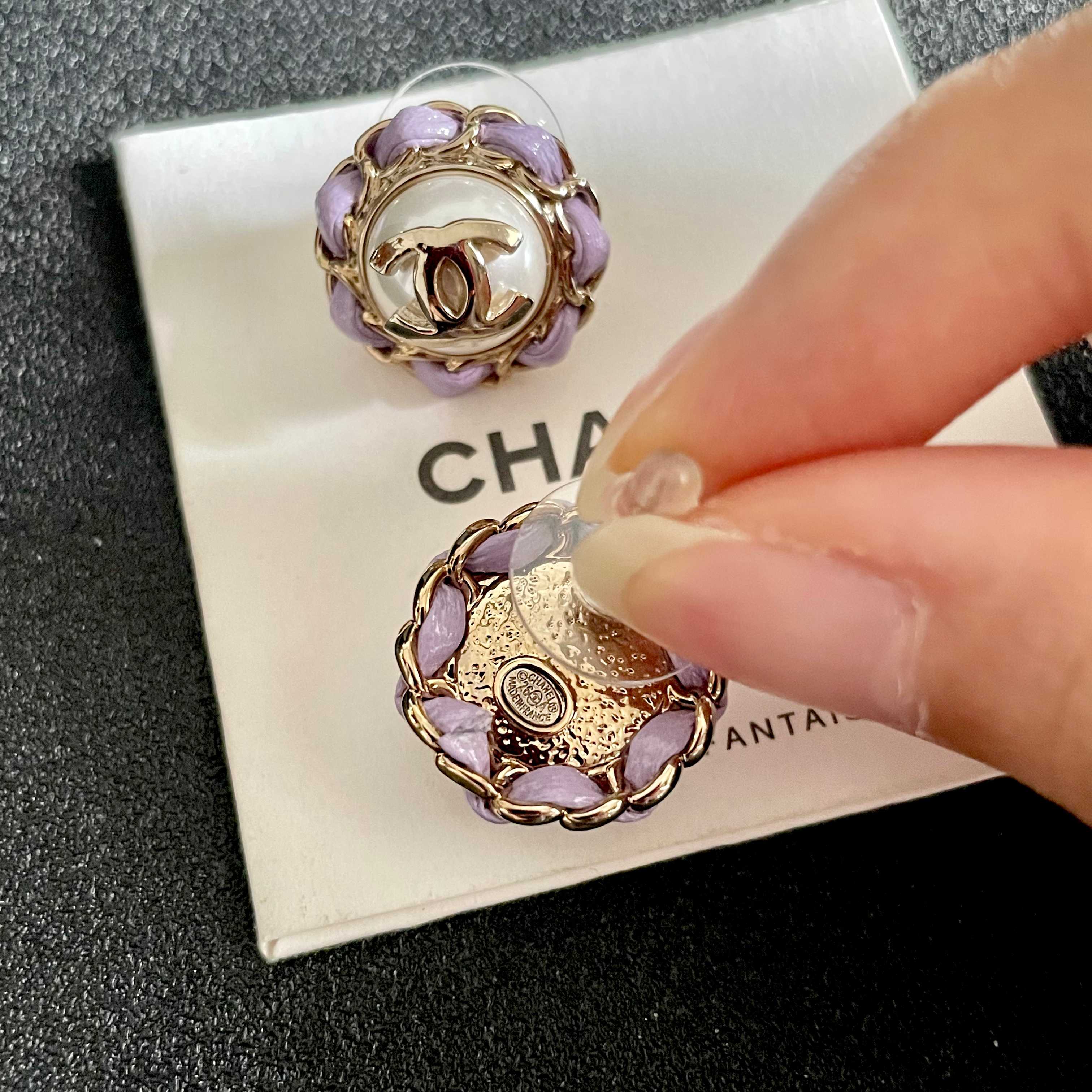 CC Pendant Double C Purple Pearl Gold Earrings