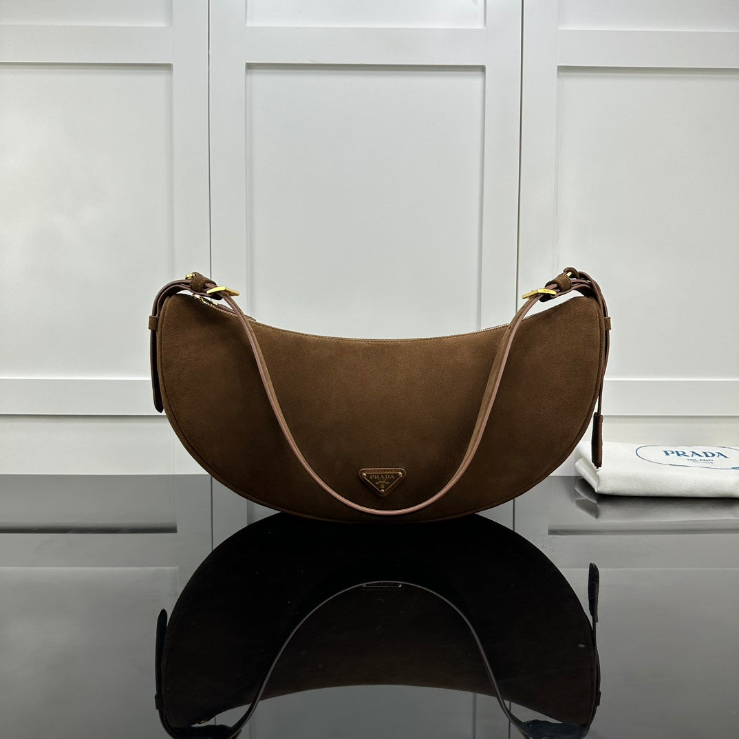 Prada 2026 Large Demi-Lune Shoulder Bag 42cm Brown Suede