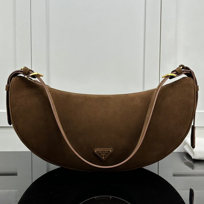 Prada 2026 Large Demi-Lune Shoulder Bag 42cm Brown Suede