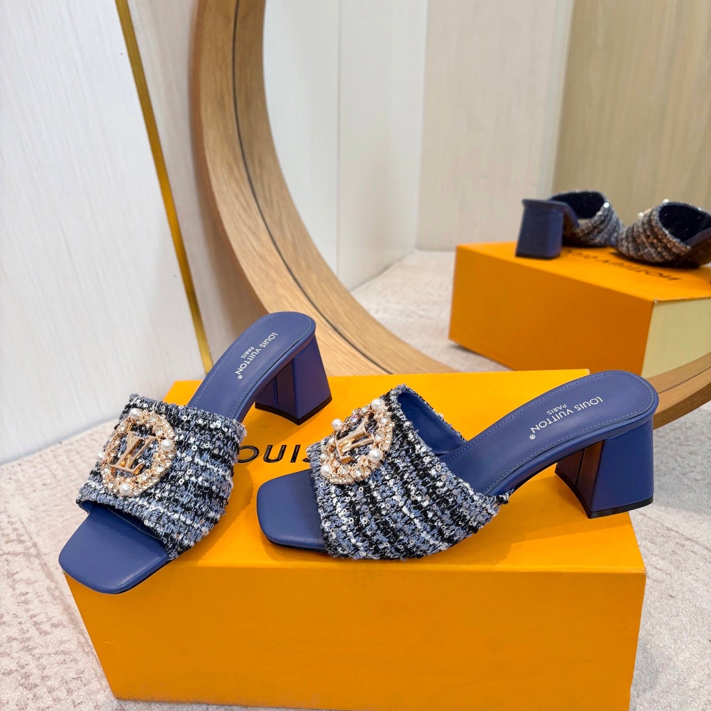 LV 26ss Heel Slippers 65 Dark Blue Tweed Goatskin 671251