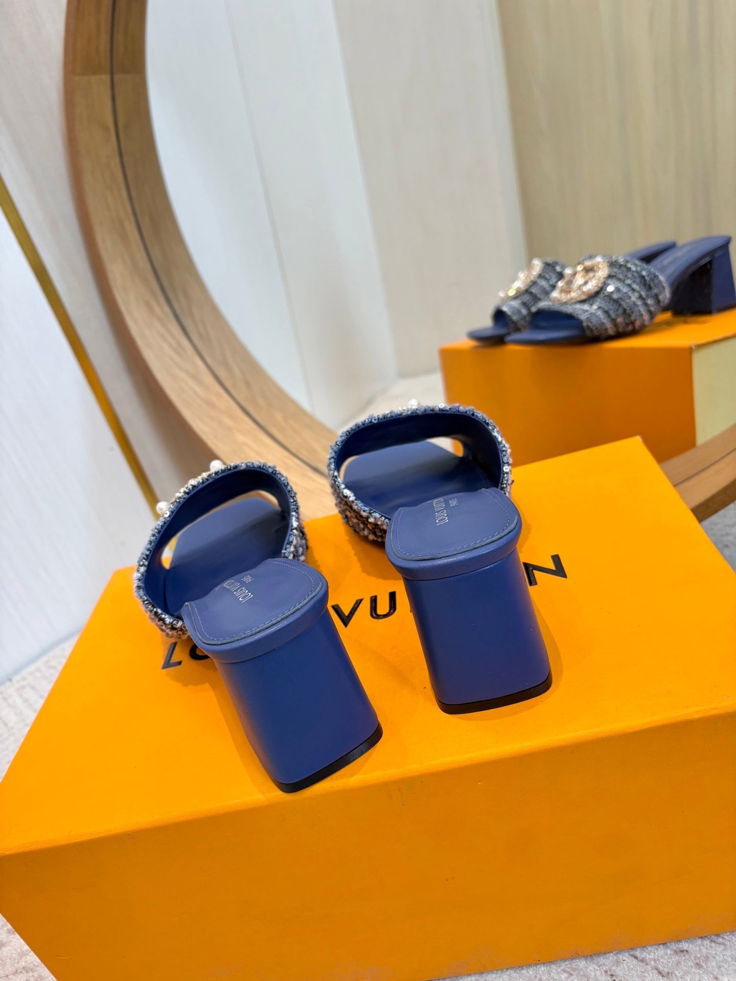 LV 26ss Heel Slippers 65 Dark Blue Tweed Goatskin 671251