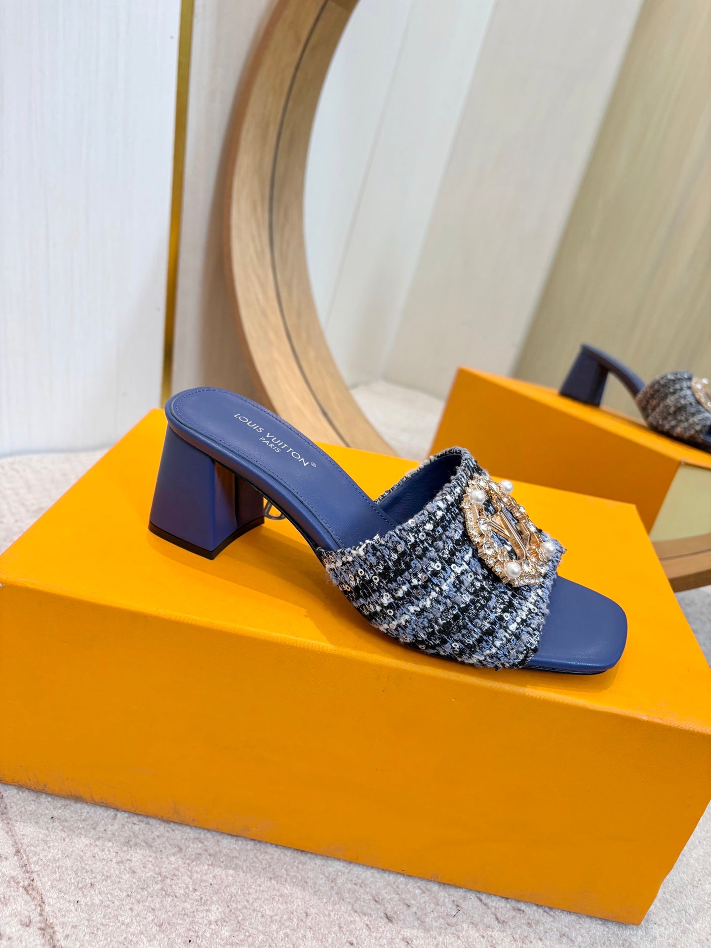LV 26ss Heel Slippers 65 Dark Blue Tweed Goatskin 671251