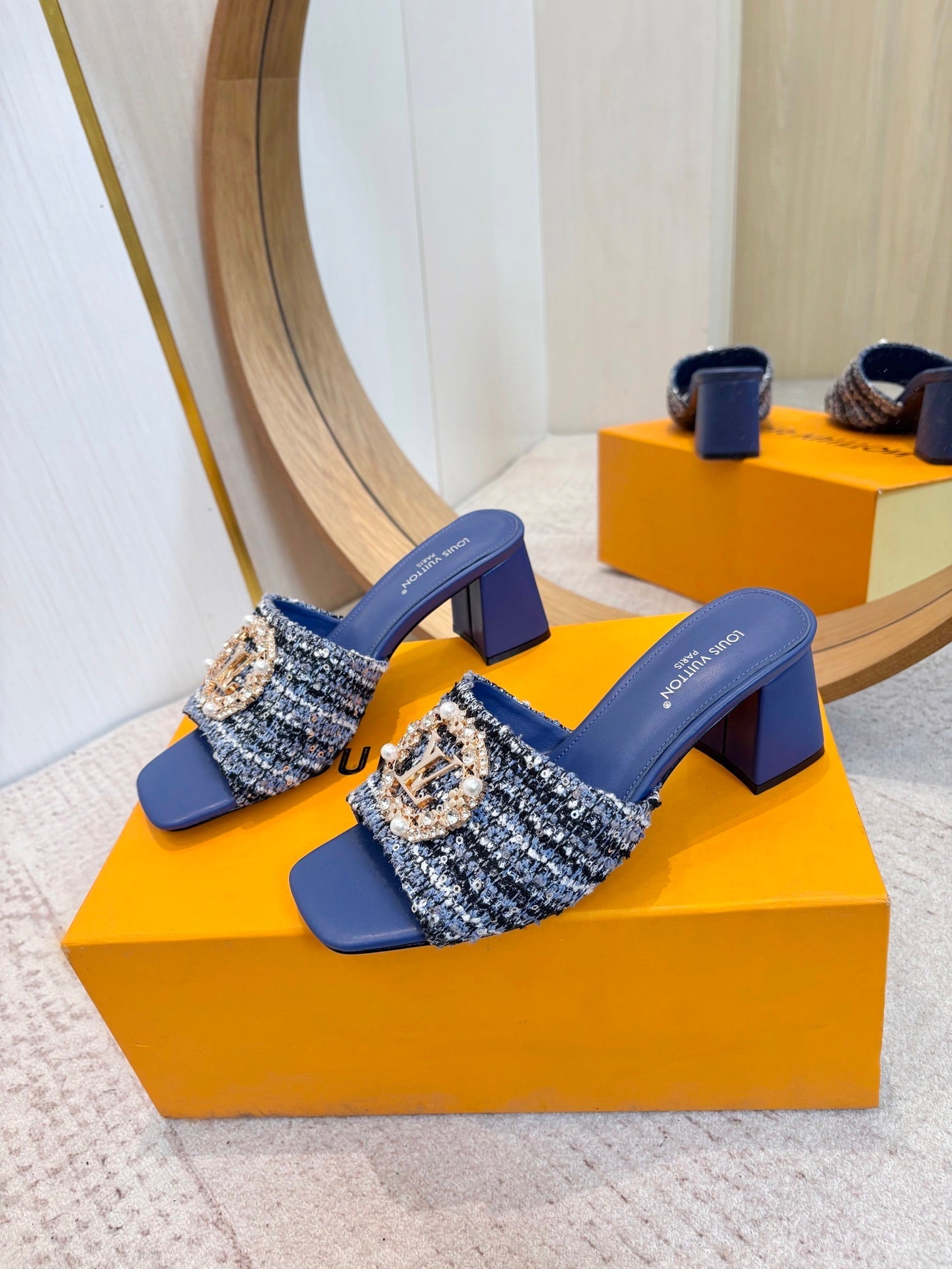 LV 26ss Heel Slippers 65 Dark Blue Tweed Goatskin 671251