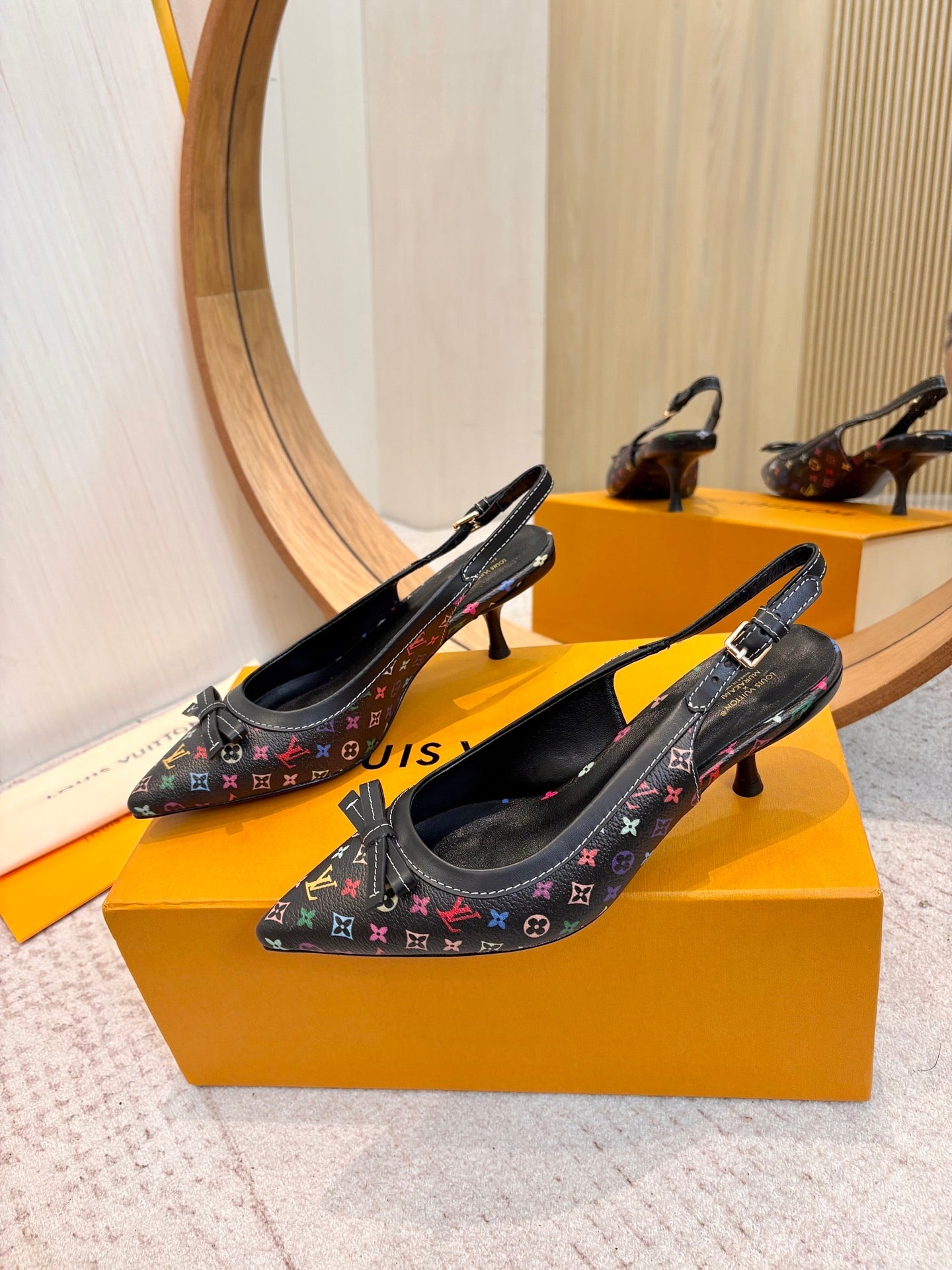 LV 26ss Slingback 65 Black Multicolor Monogram Cowhide  671234