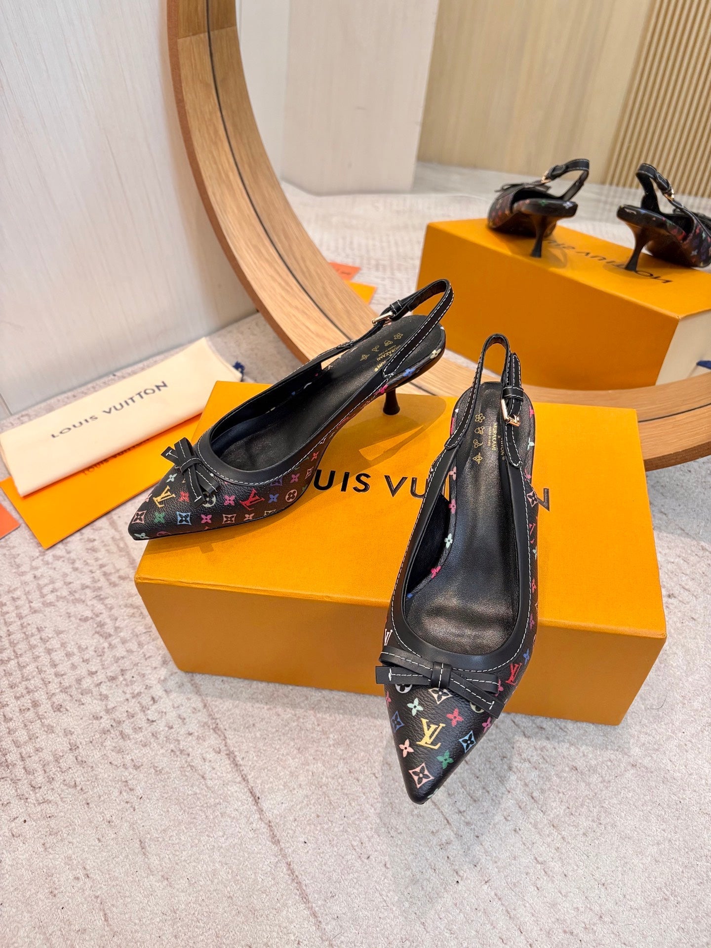 LV 26ss Slingback 65 Black Multicolor Monogram Cowhide  671234