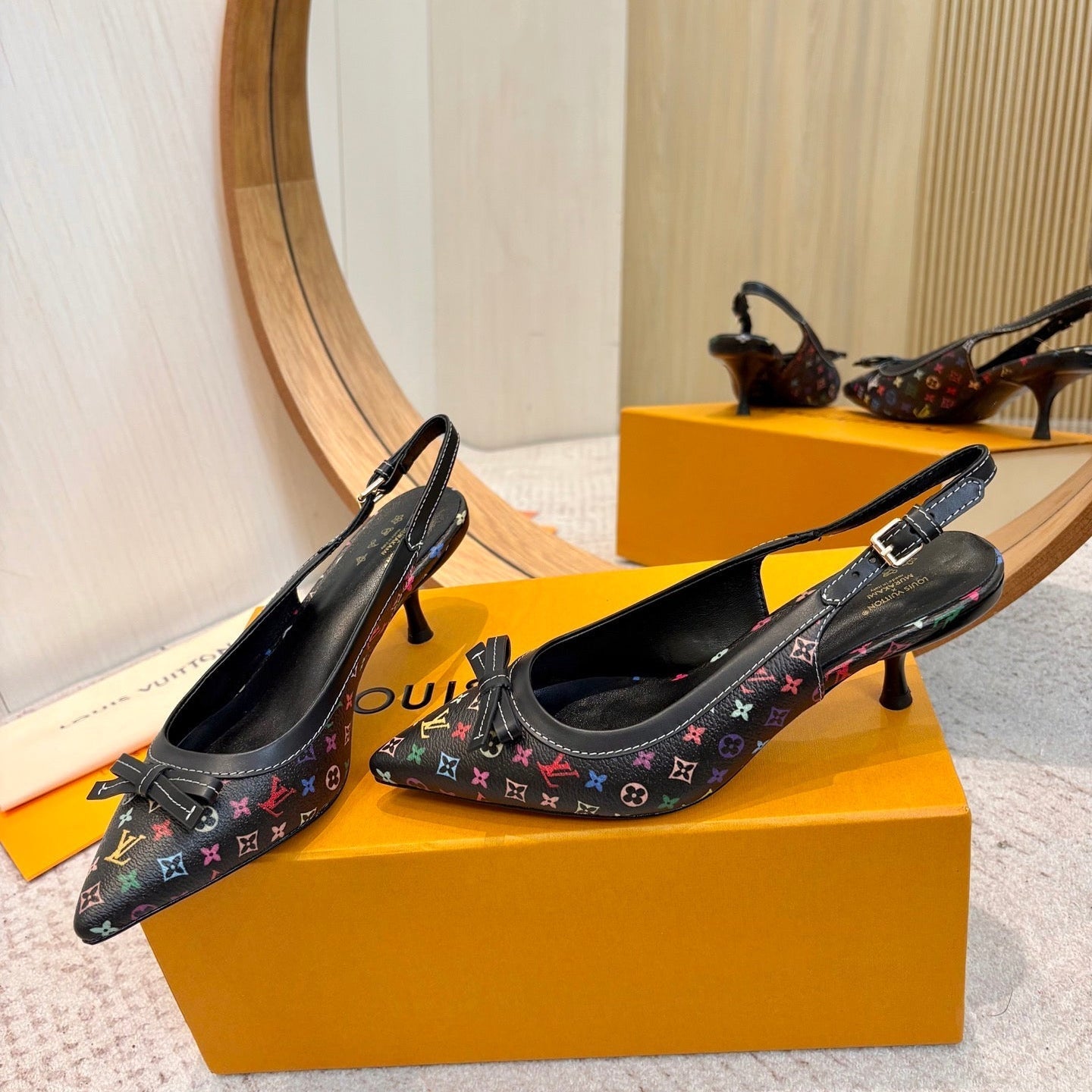 LV 26ss Slingback 65 Black Multicolor Monogram Cowhide  671234