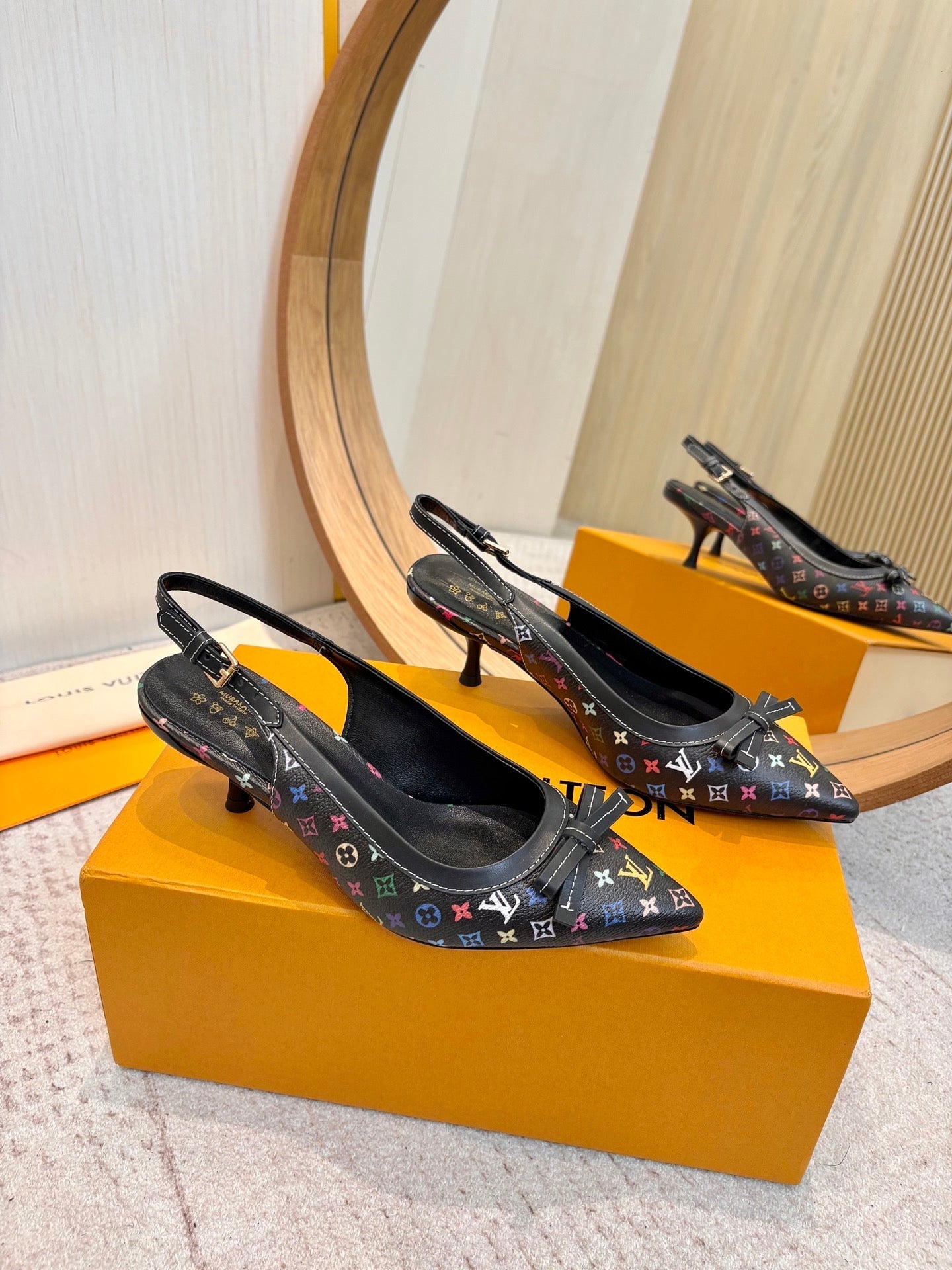 LV 26ss Slingback 65 Black Multicolor Monogram Cowhide  671234