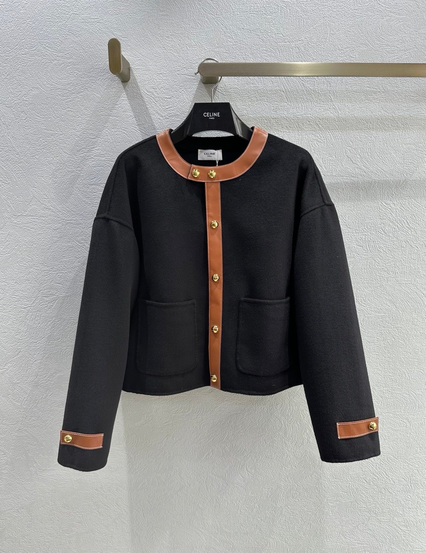 Celine 25 Round Neck Arc de Triomphe Jacket Black Brown Cashmere
