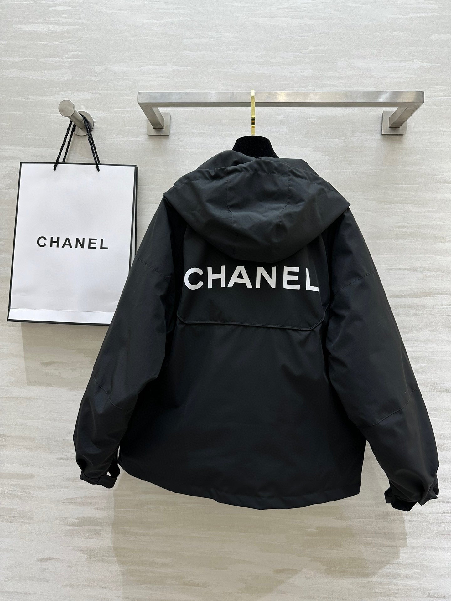 Chanel 25 Hooded Windbreaker Jacket Black Down Cotton 312195