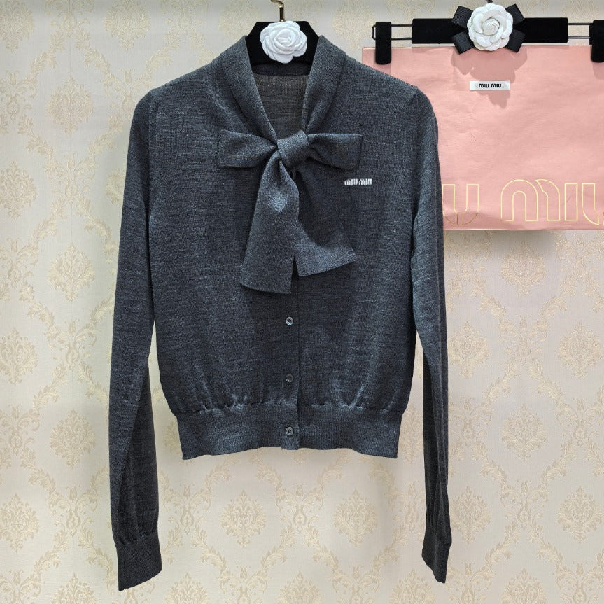 Miumiu 2026 Cardigan With Bow Tie Dark Grey Wool 837254