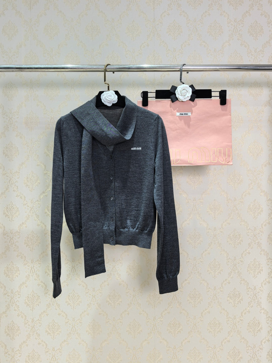 Miumiu 2026 Cardigan With Bow Tie Dark Grey Wool 837254