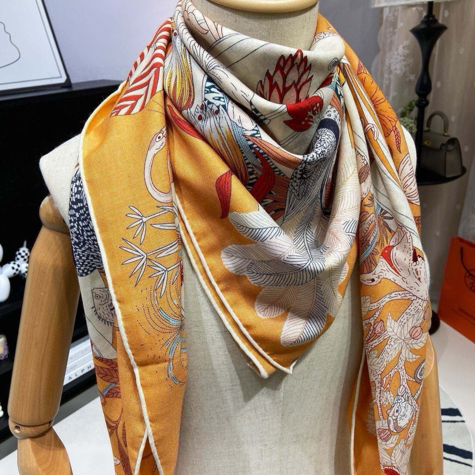 Square Scarf 140 CM Yellow Orange Colorful Cashmere And Silk
