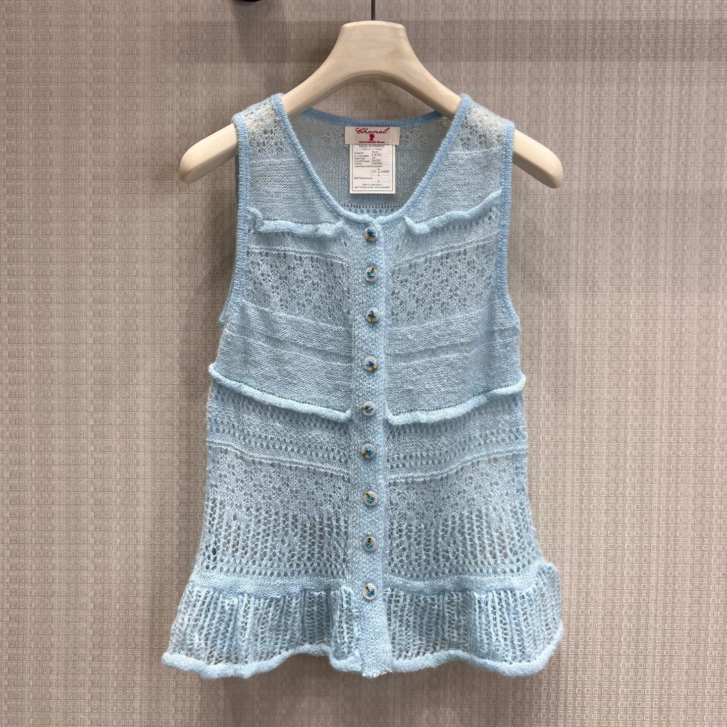 Chanel 2026 Hollow-Out Knit Vest Ice Blue Cashmere