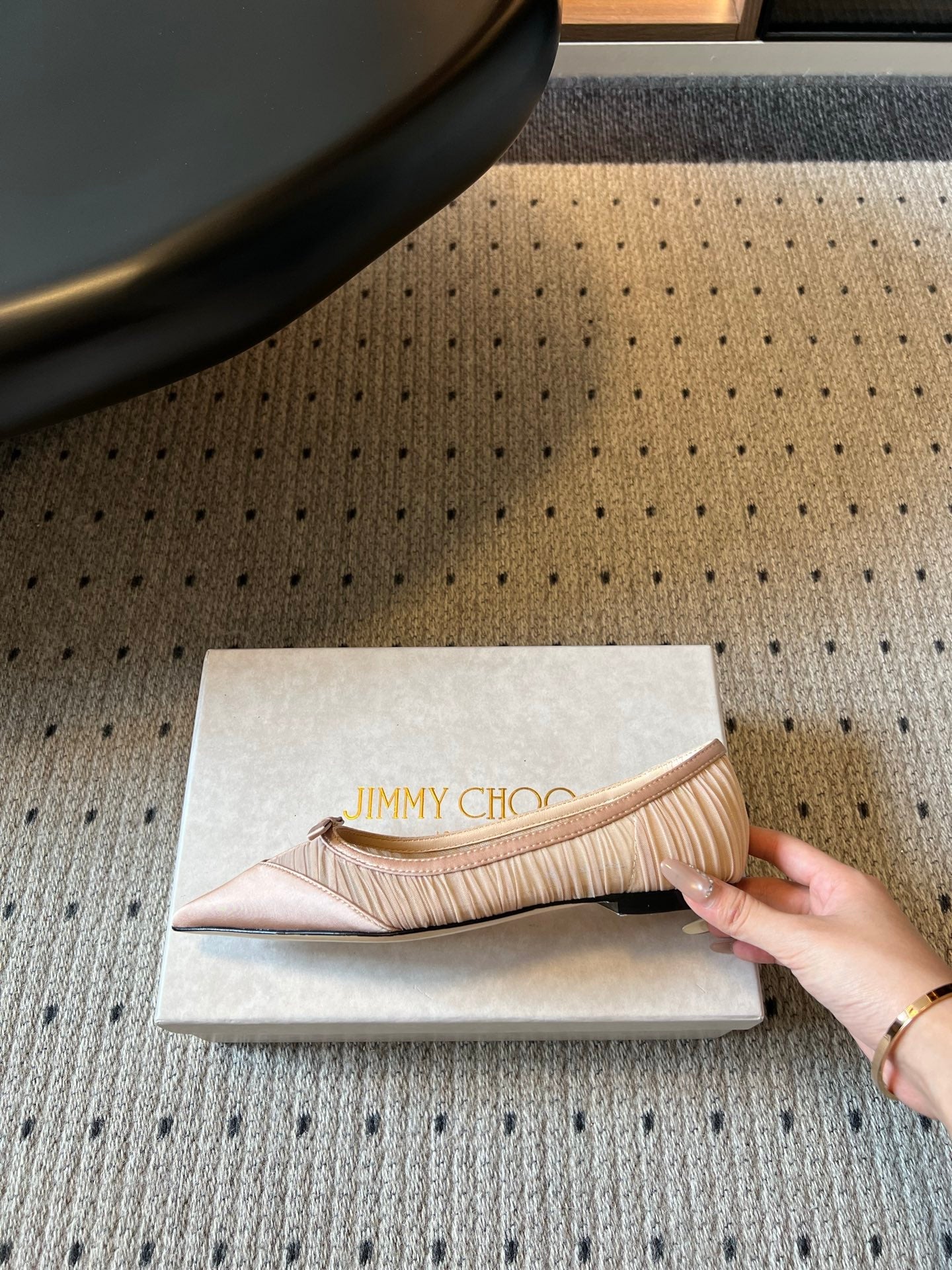 Jimmy Choo 2026 Pleated Bow Pointed Toe Ballet Flat Mesh Silk 933905