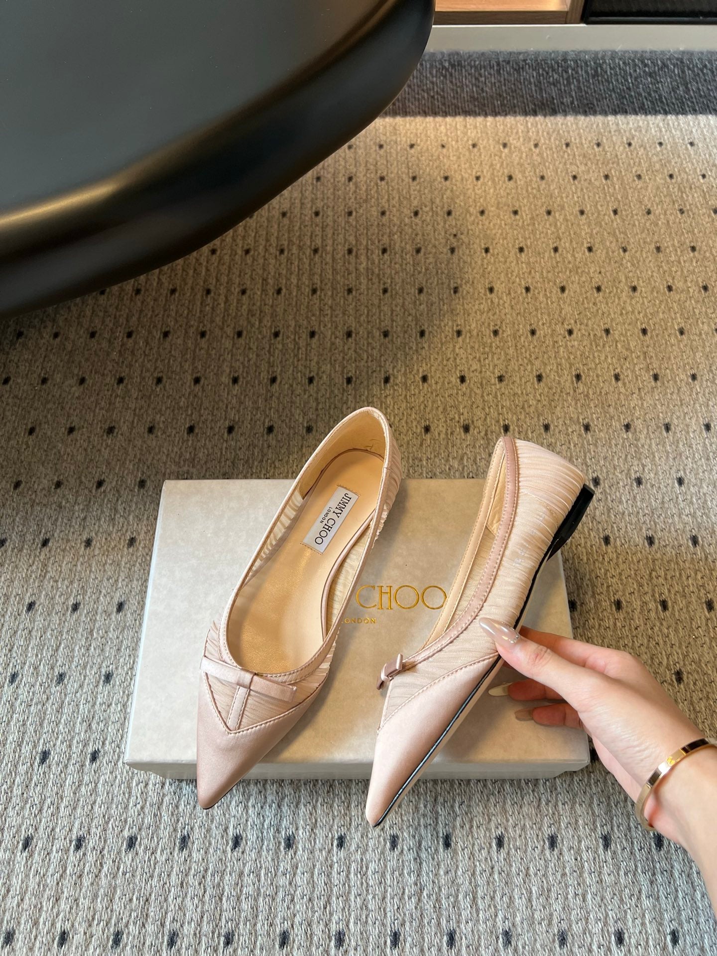 Jimmy Choo 2026 Pleated Bow Pointed Toe Ballet Flat Mesh Silk 933905