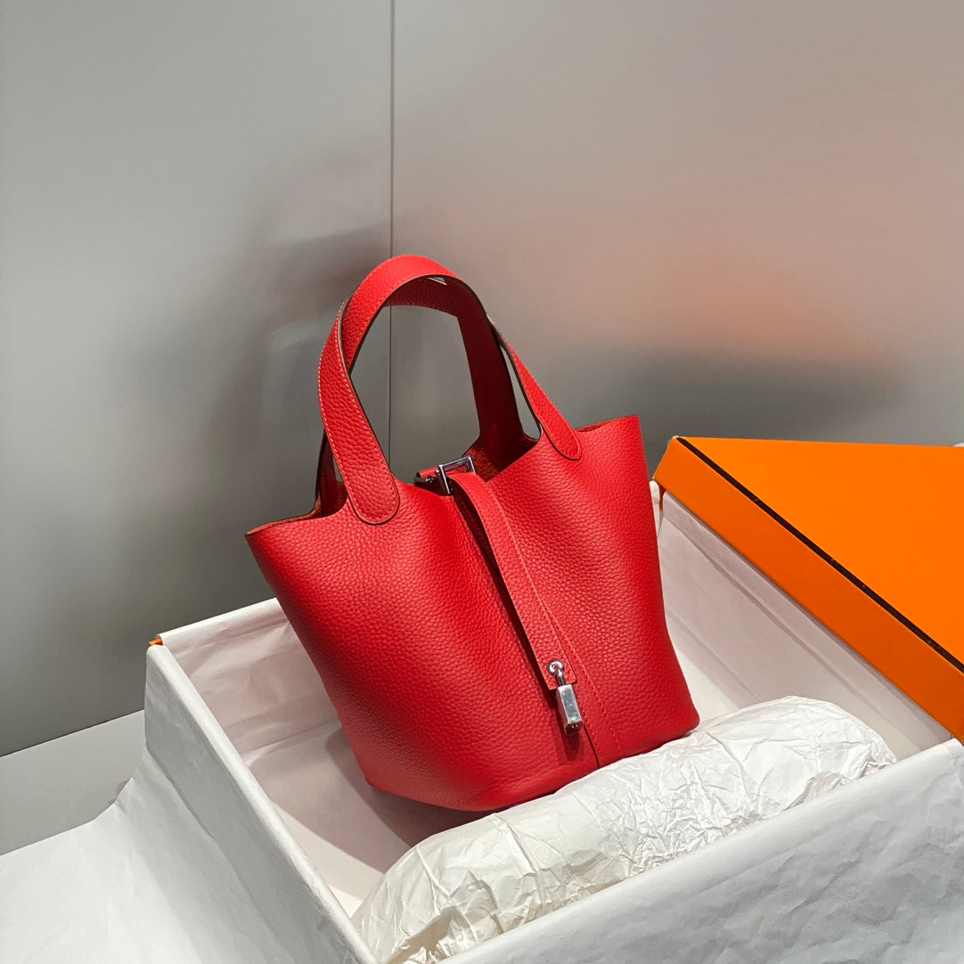 picotin lock red togo leather silver hardware