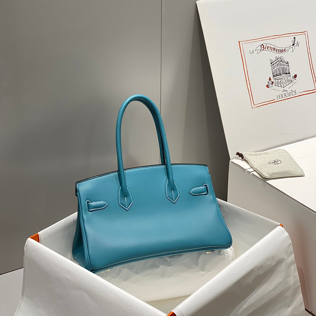 HM Shoulder Birkin 29cm Blue Denim Swift Leather Silver Hardware