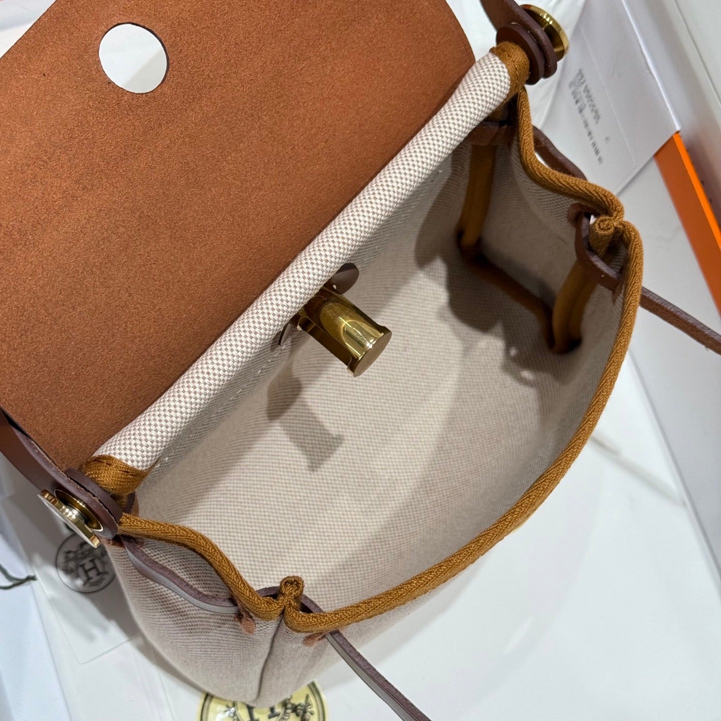 HM Mini Herbag Gold Buckle 20 Beige Canvas and Hunter Cowhide 243221