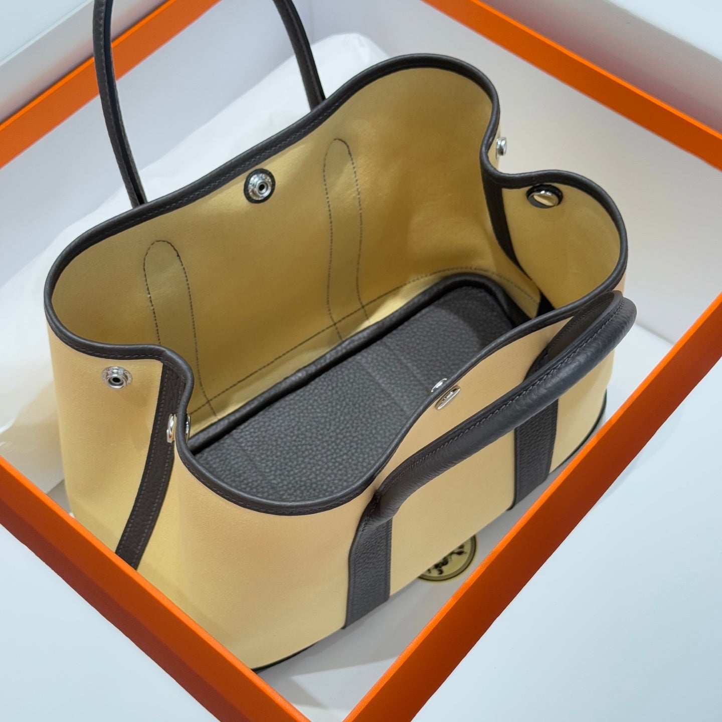 HM Garden Party 30cm Bag Black Togo Light Beige Canvas