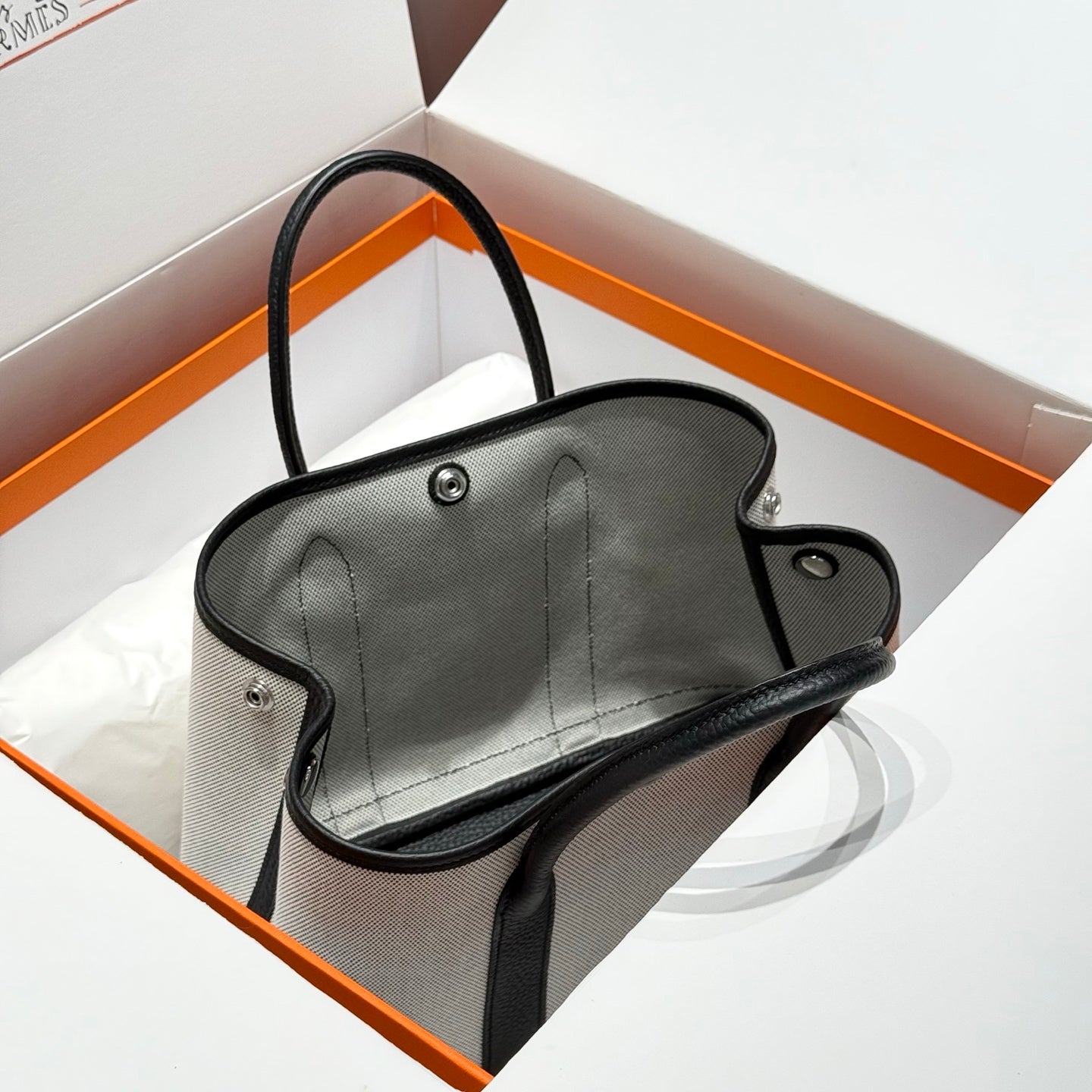 HM Garden Party 30cm Bag Black Togo Grey Canvas