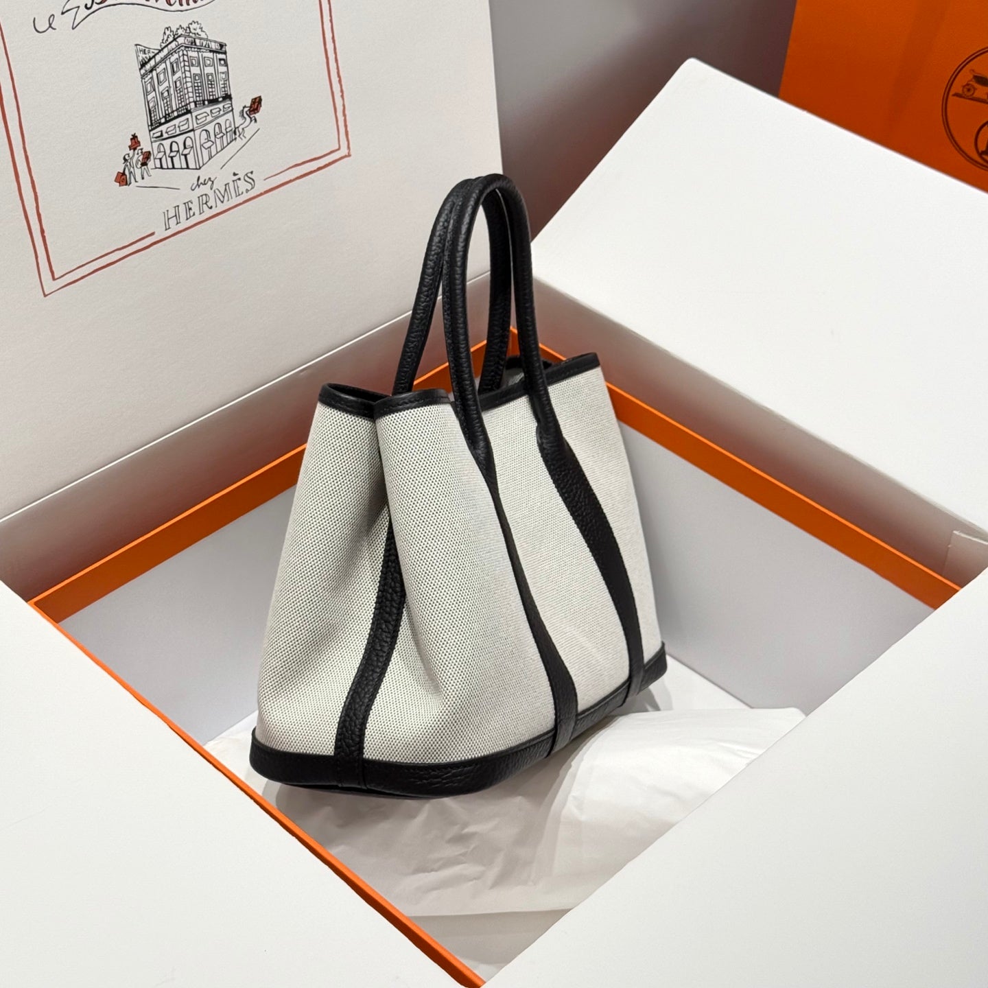 HM Garden Party 30cm Bag Black Togo Grey Canvas