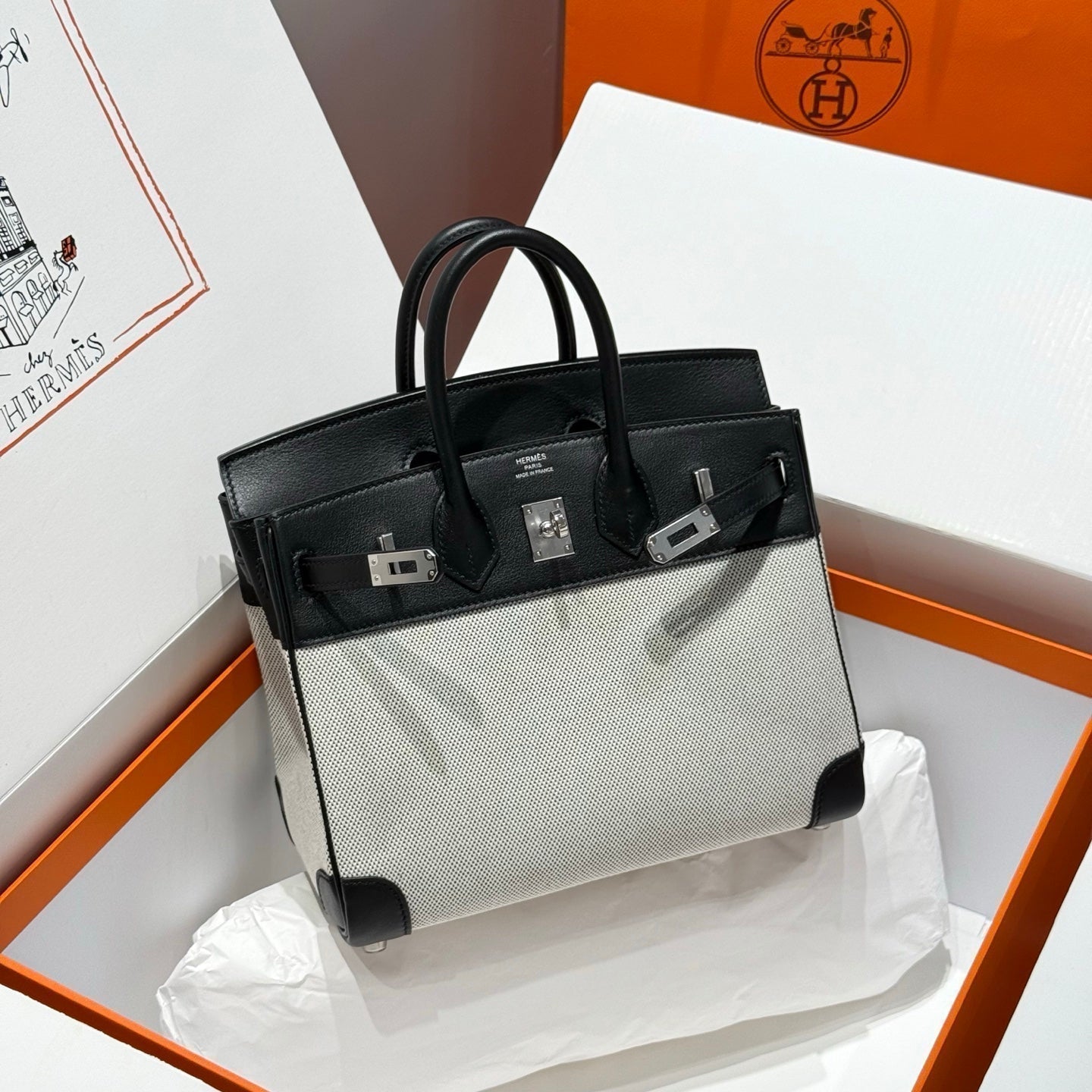 HM Birkin 25cm Black Swift Grey Canvas Silver Hardware