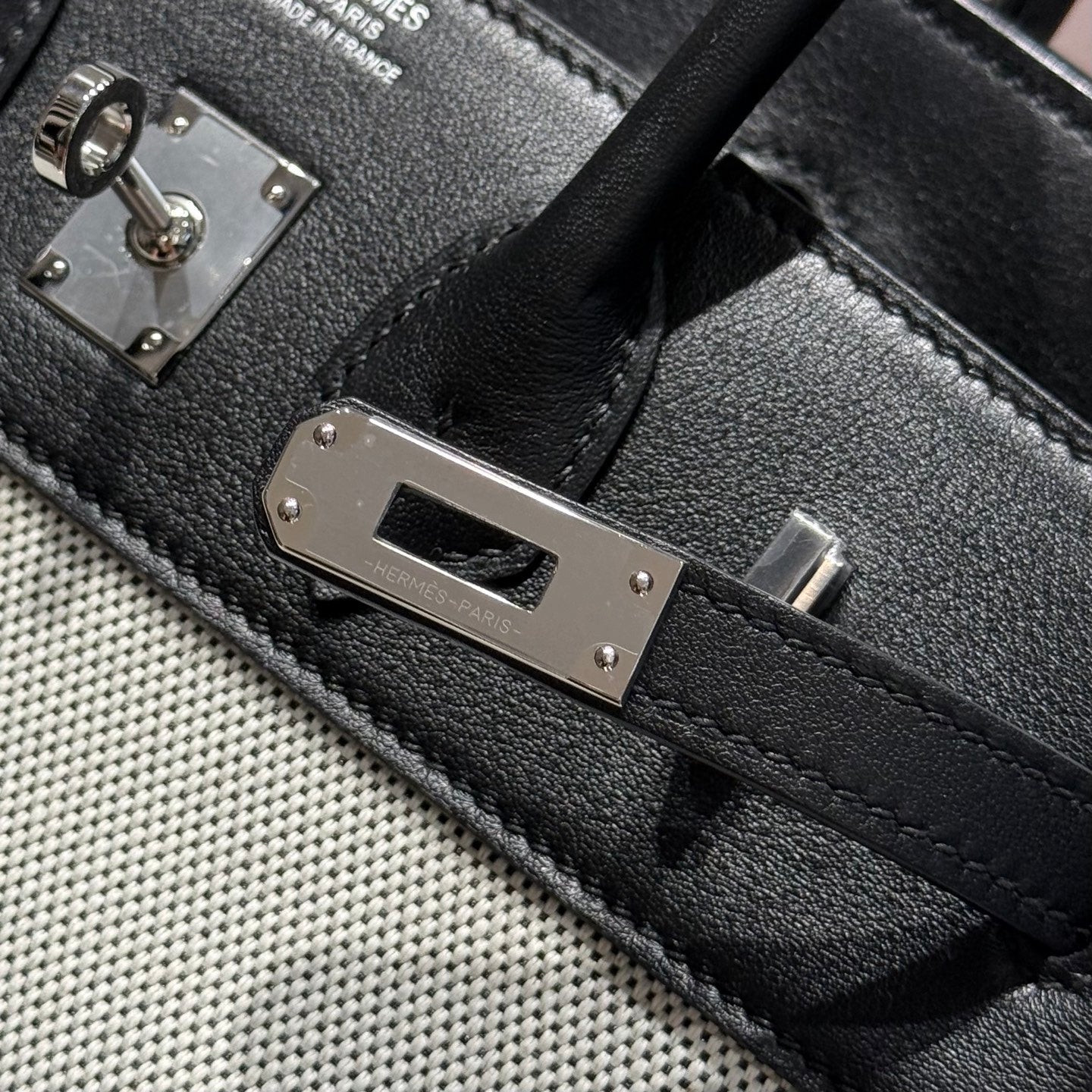HM Birkin 25cm Black Swift Grey Canvas Silver Hardware