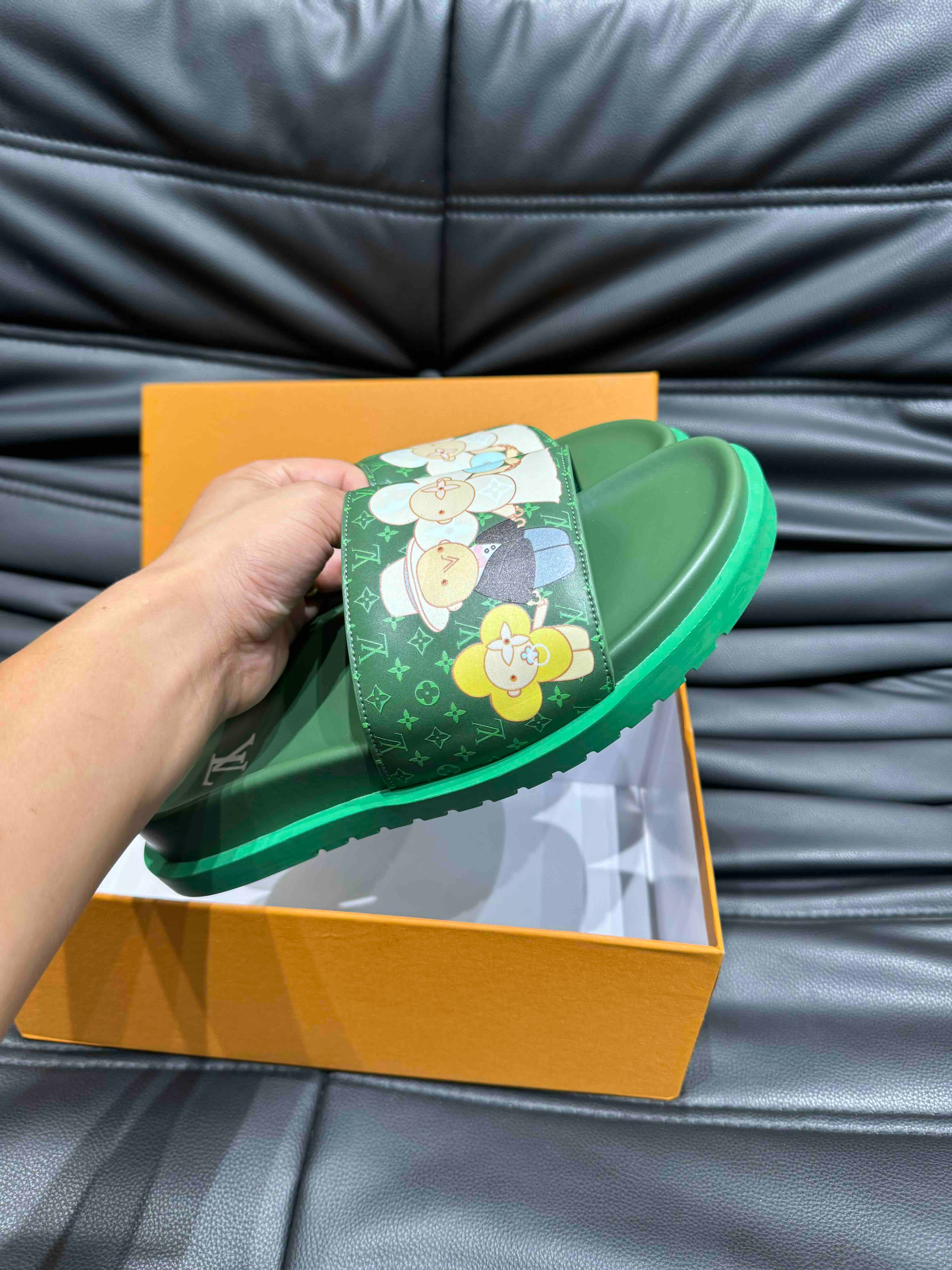 LV SLIPPERS IN SEA GREEN MONOGRAM CALFSKIN