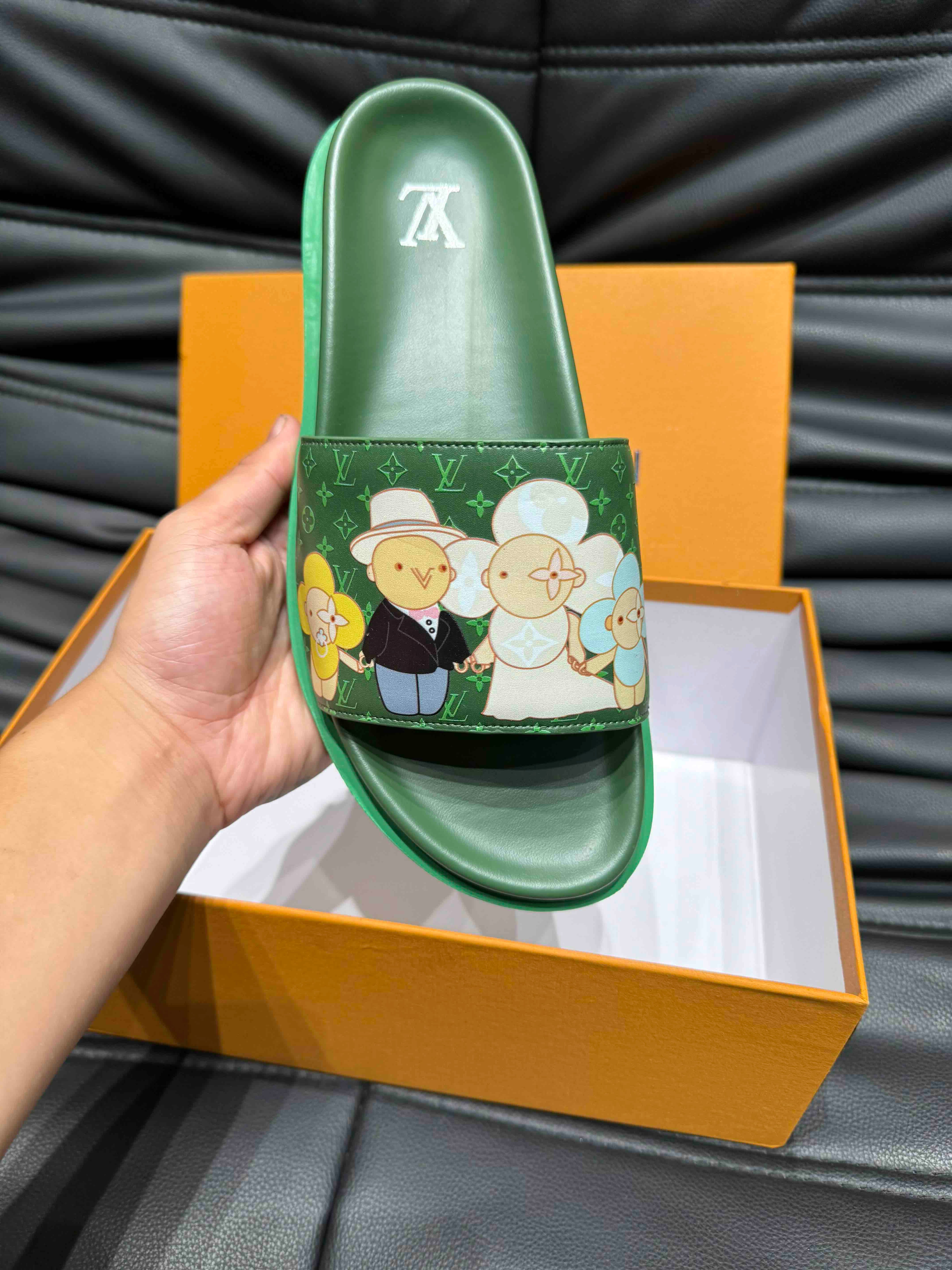 LV SLIPPERS IN SEA GREEN MONOGRAM CALFSKIN