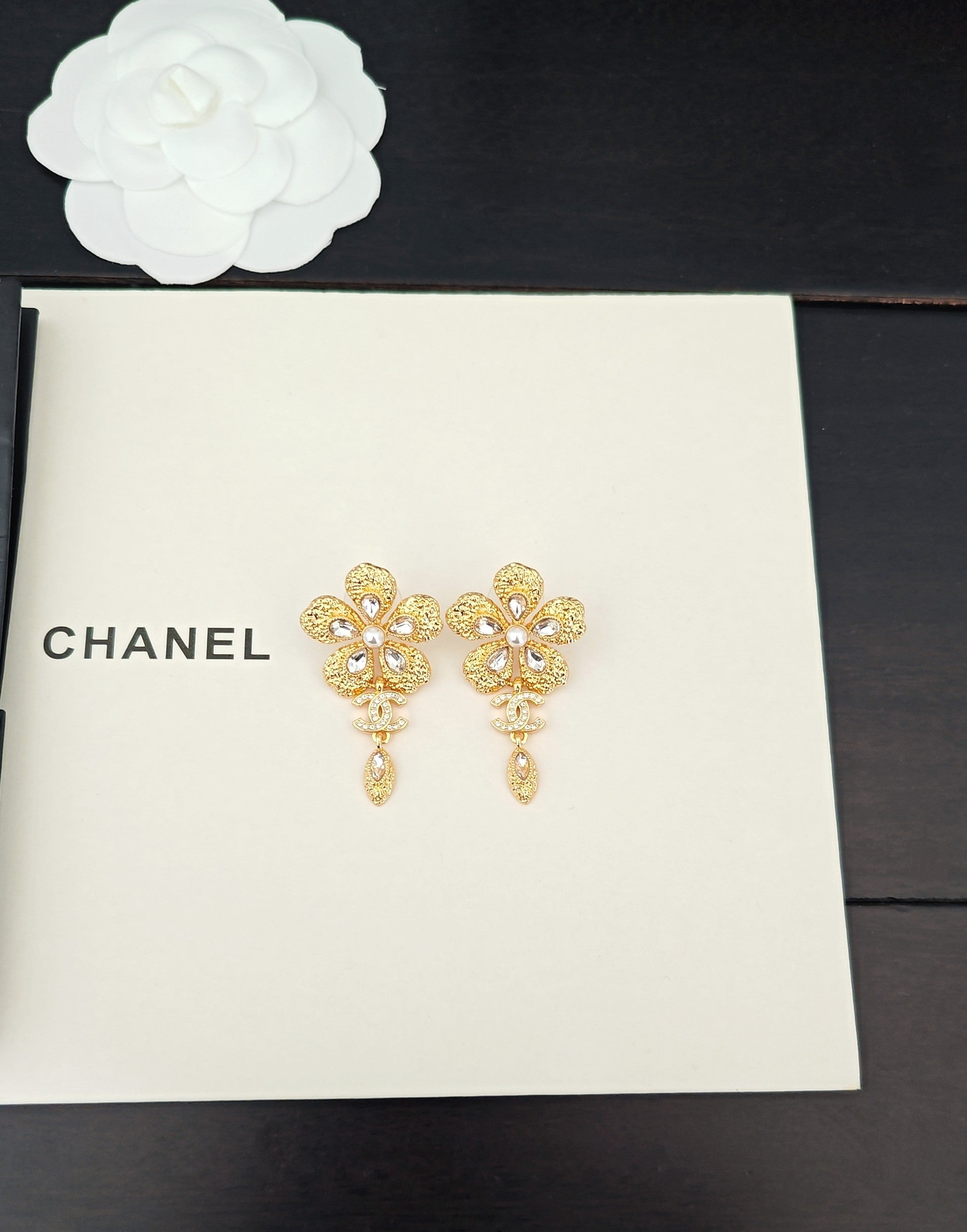 CC Flower Double C Diamond Gold Earrings
