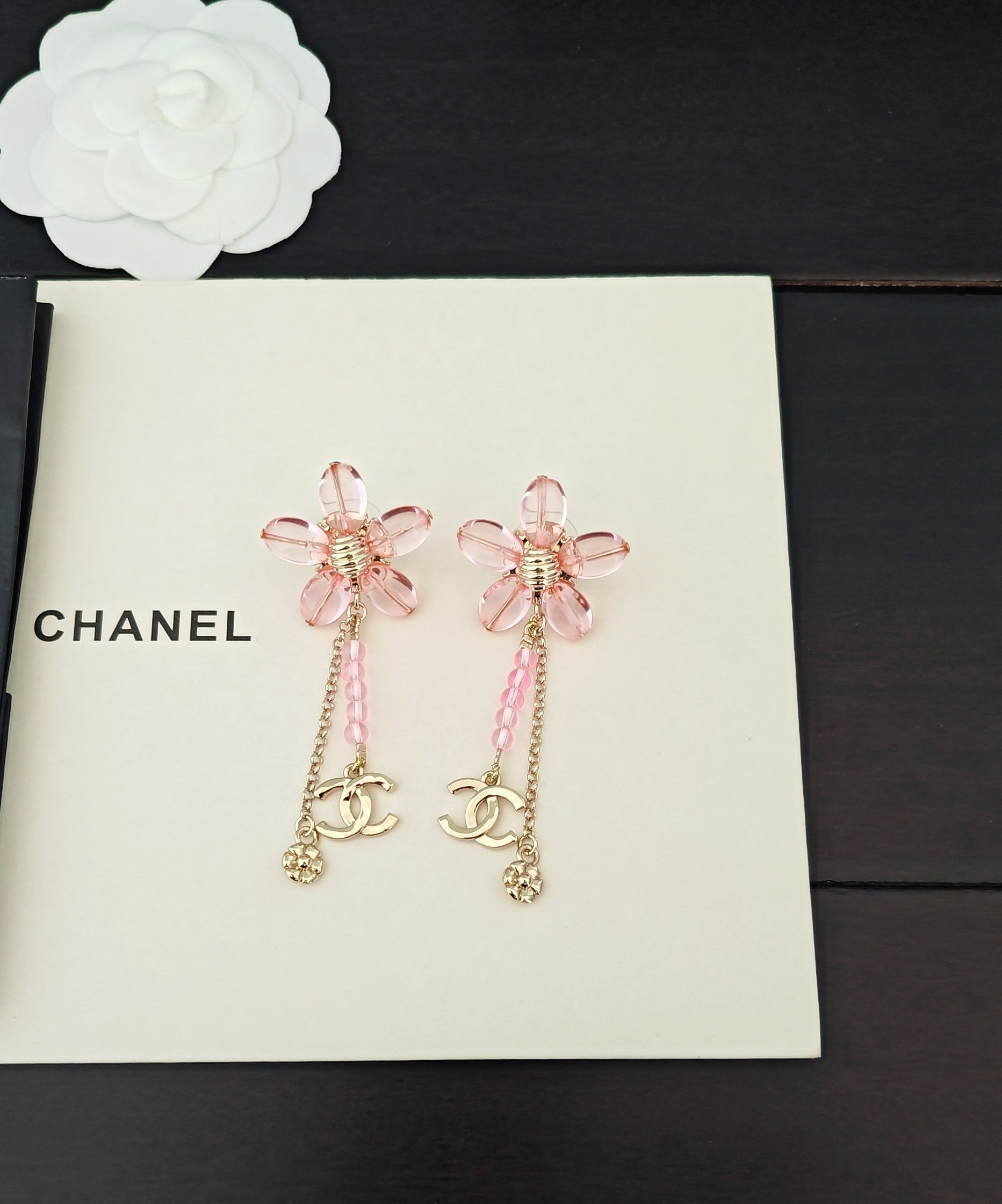 CC Double C Pink Olive Bead Flower Tassel Gold Earrings