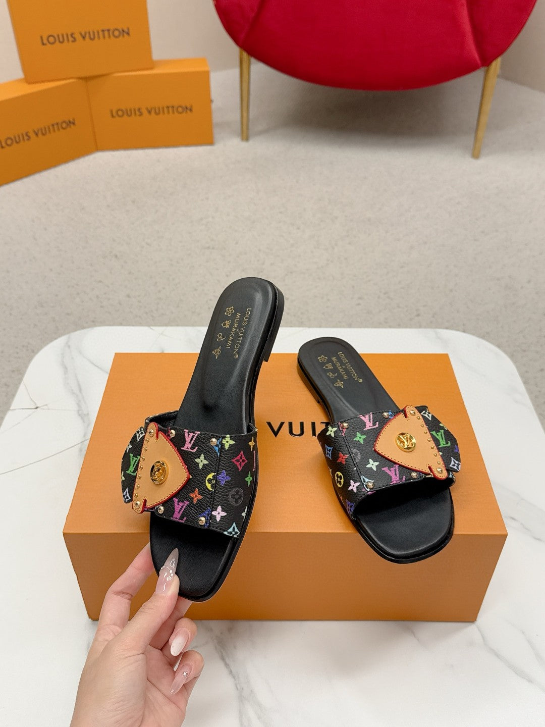LV 26ss Slippers Black Multicolor Monogram Sheepskin 671273