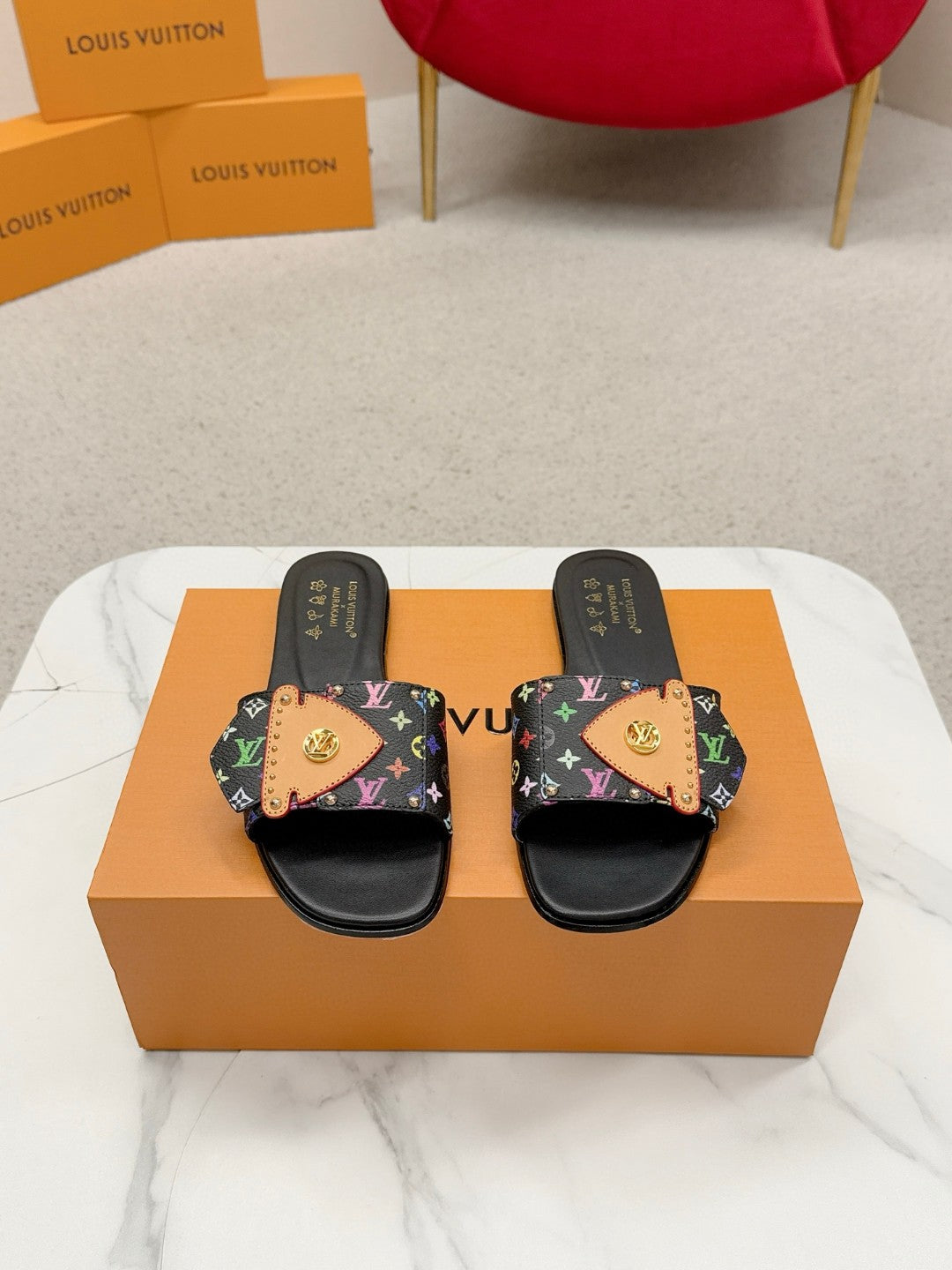 LV 26ss Slippers Black Multicolor Monogram Sheepskin 671273