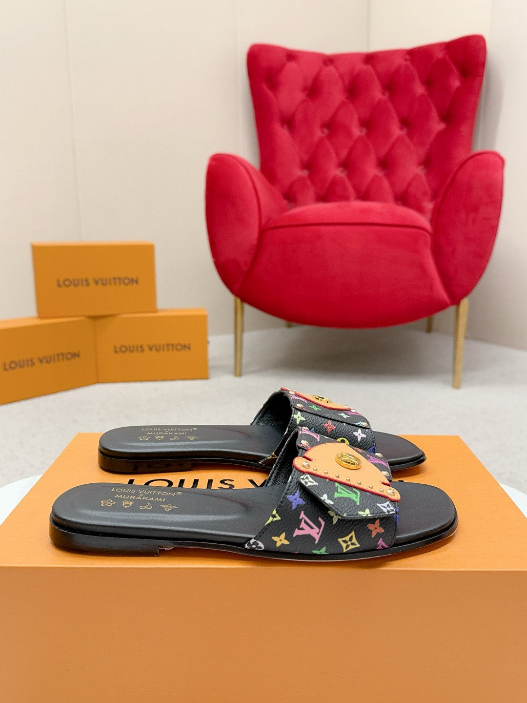 LV 26ss Slippers Black Multicolor Monogram Sheepskin 671273