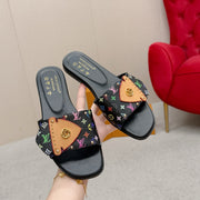 LV 26ss Slippers Black Multicolor Monogram Sheepskin 671273