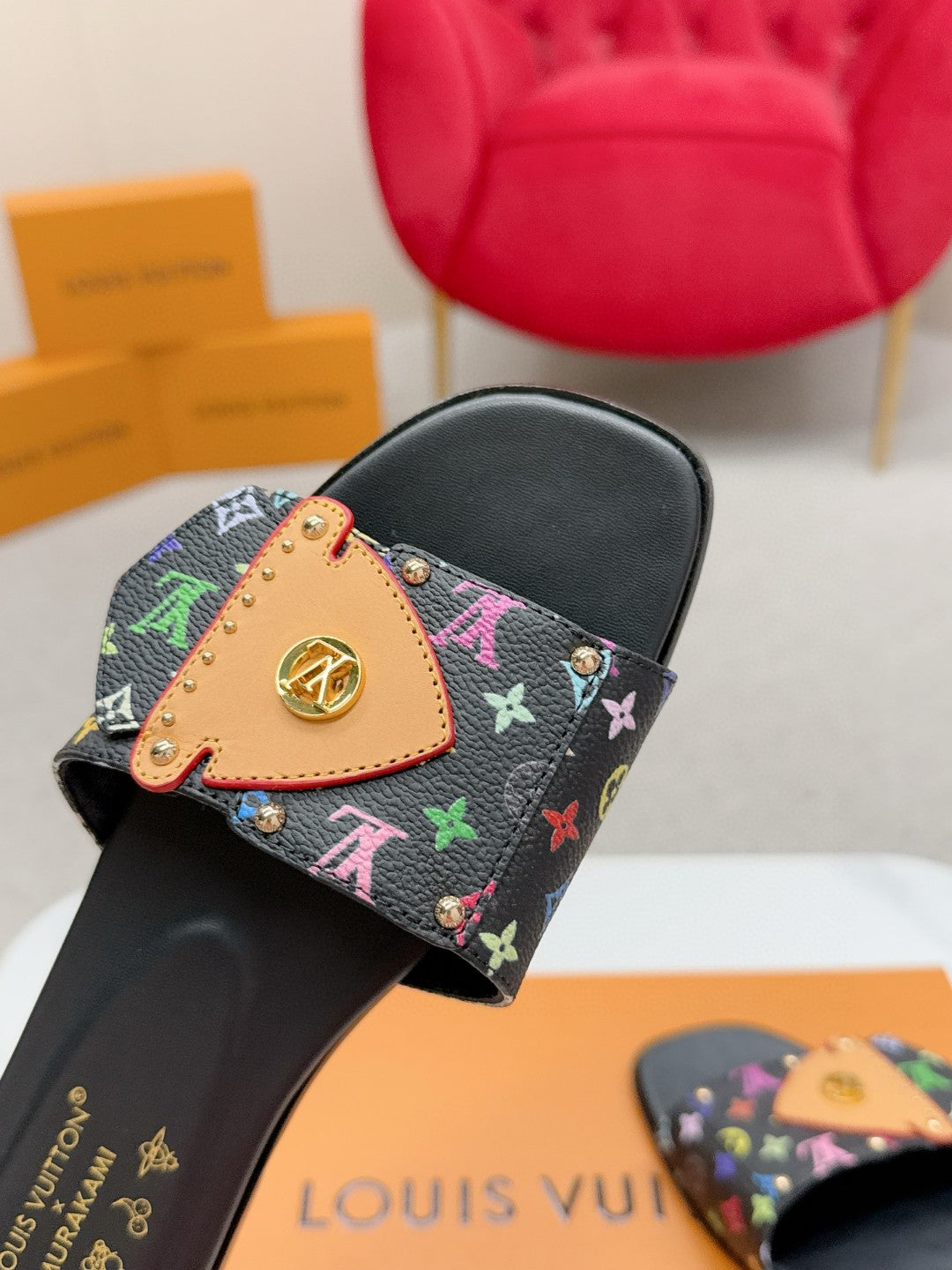 LV 26ss Slippers Black Multicolor Monogram Sheepskin 671273