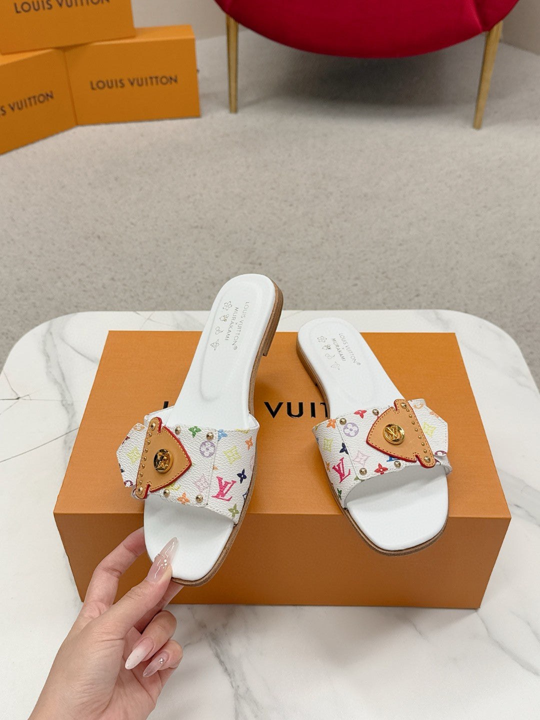 LV 26ss Slippers White Multicolor Monogram Sheepskin 671274