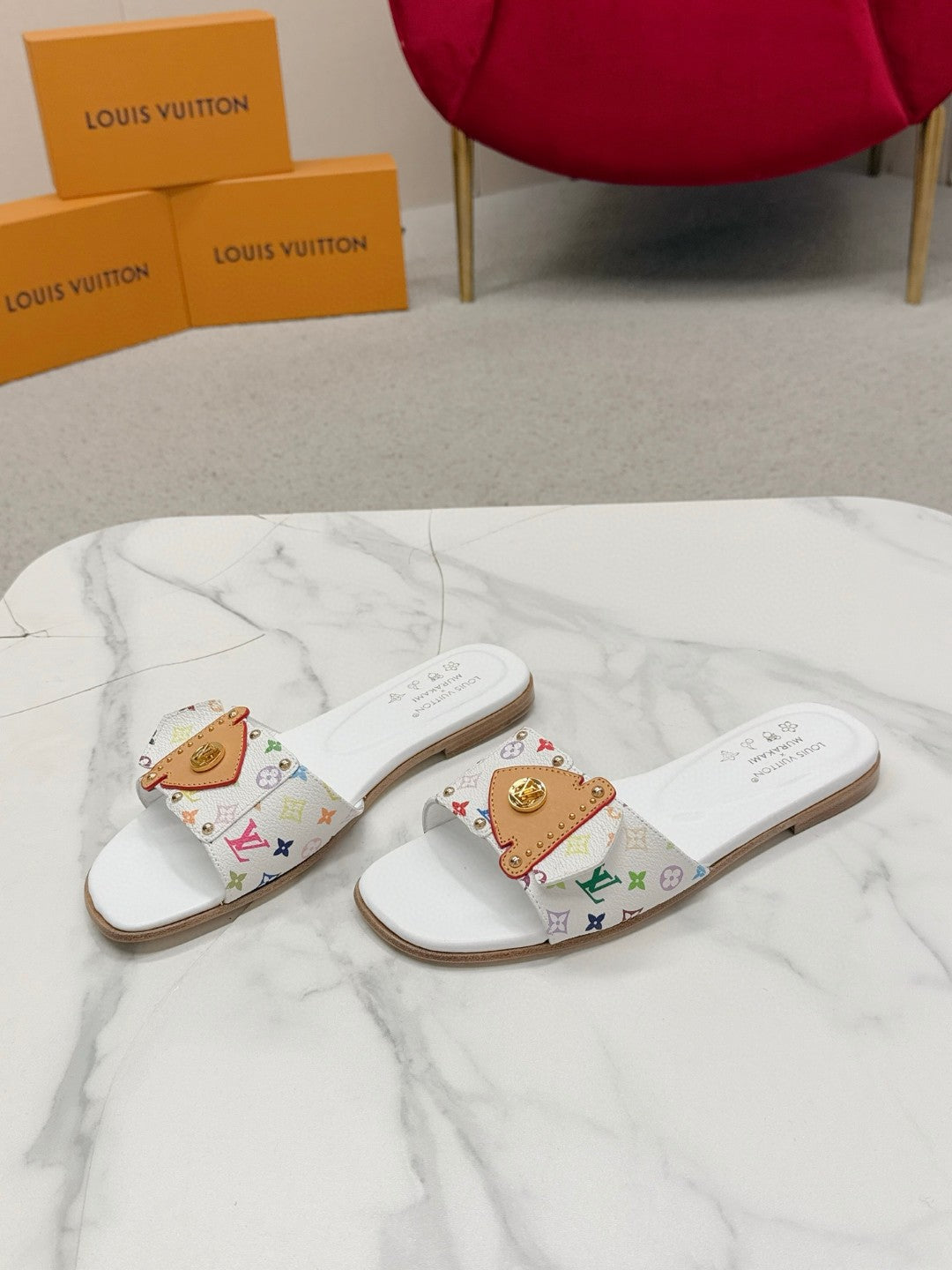 LV 26ss Slippers White Multicolor Monogram Sheepskin 671274