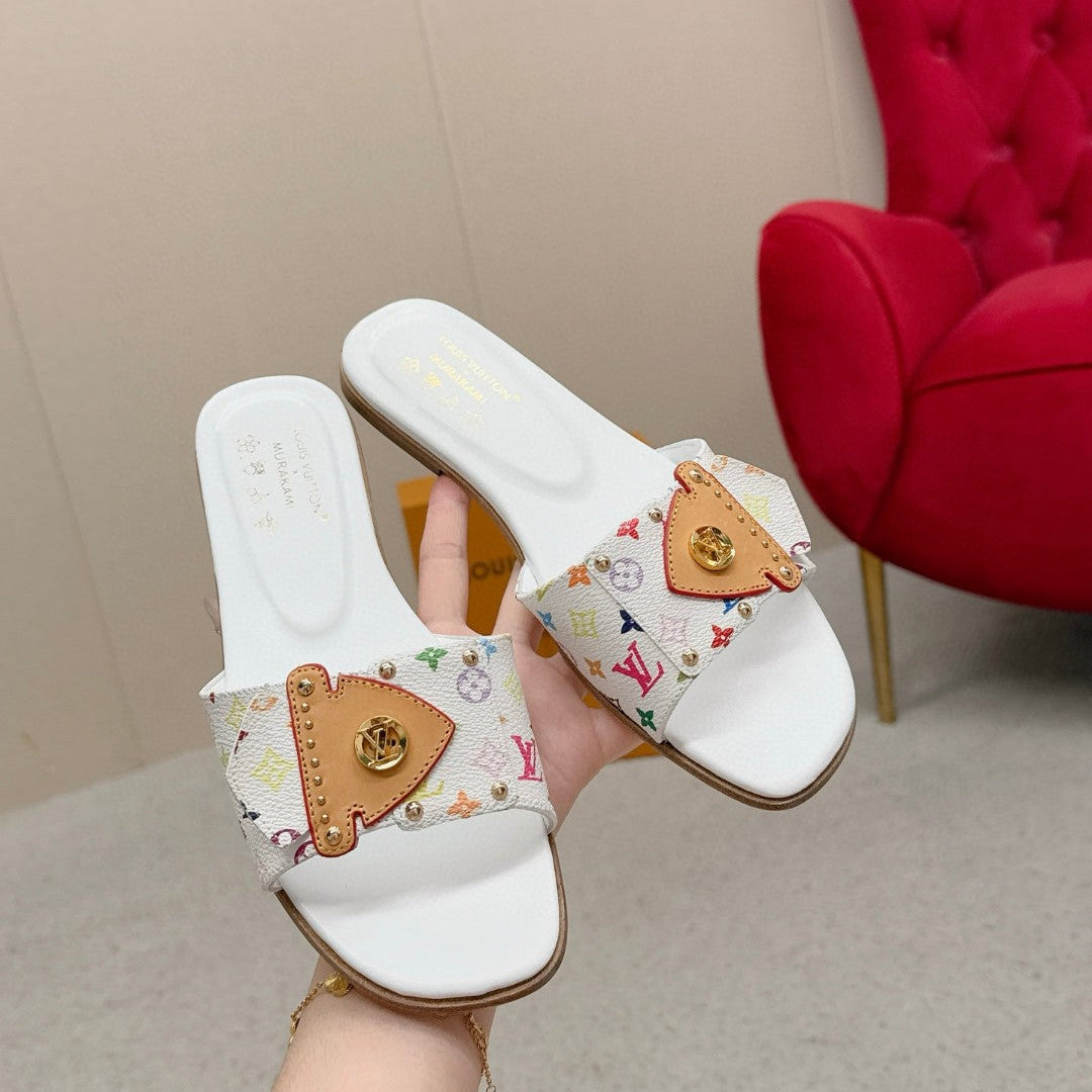 LV 26ss Slippers White Multicolor Monogram Sheepskin 671274